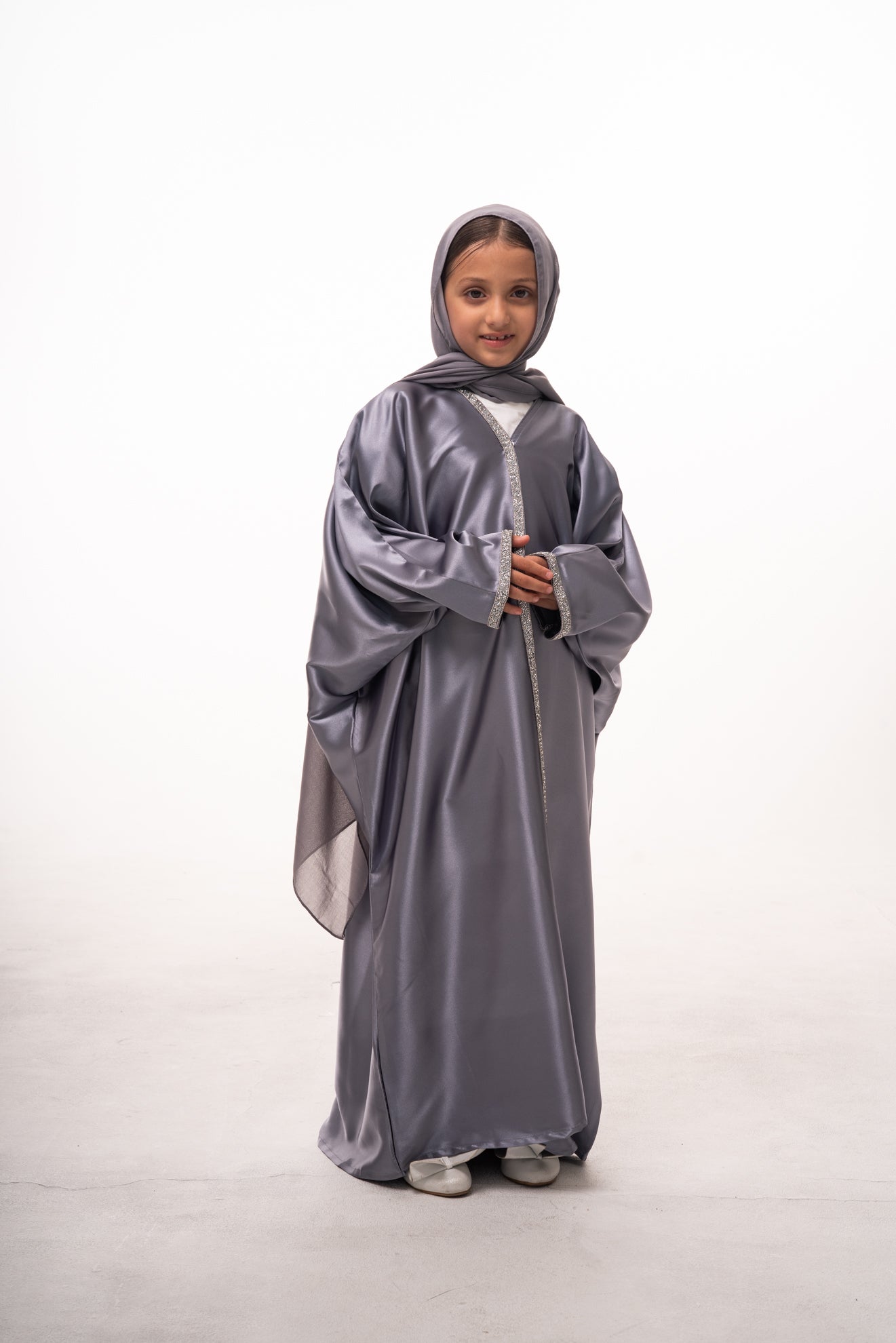 Mommy & Me - Einas Satin Girls Abaya - Grey