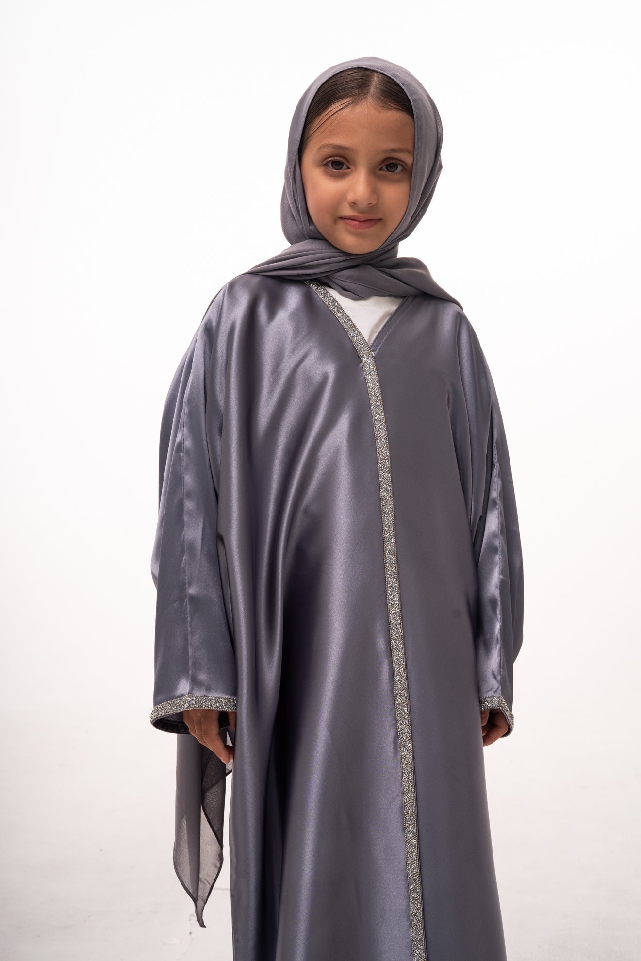 Mommy & Me - Einas Satin Girls Abaya - Grey