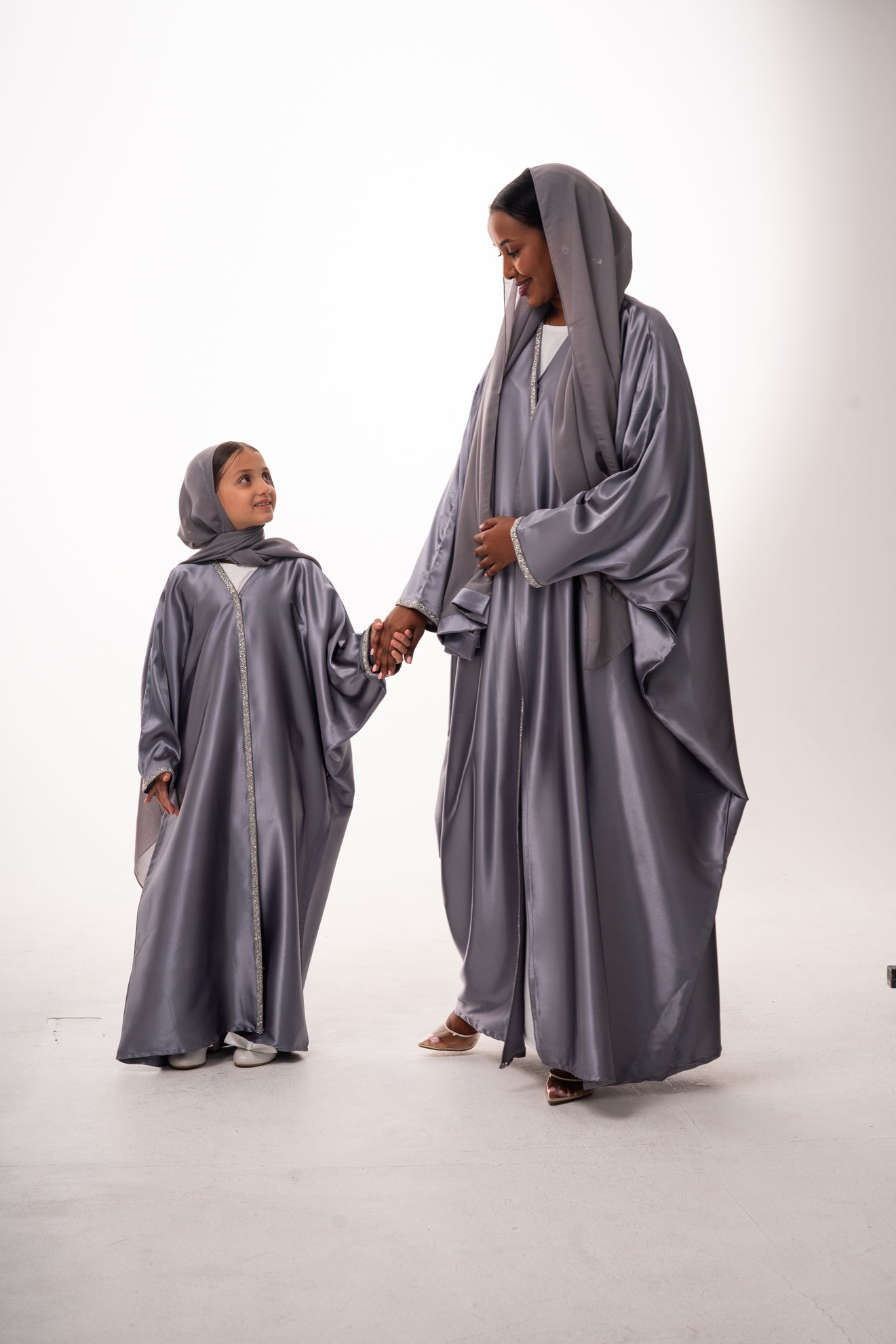 Mommy & Me - Einas Satin Open Abaya - Grey