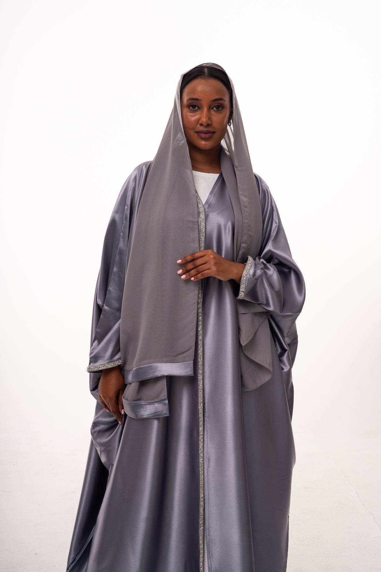 Mommy & Me - Einas Satin Open Abaya - Grey