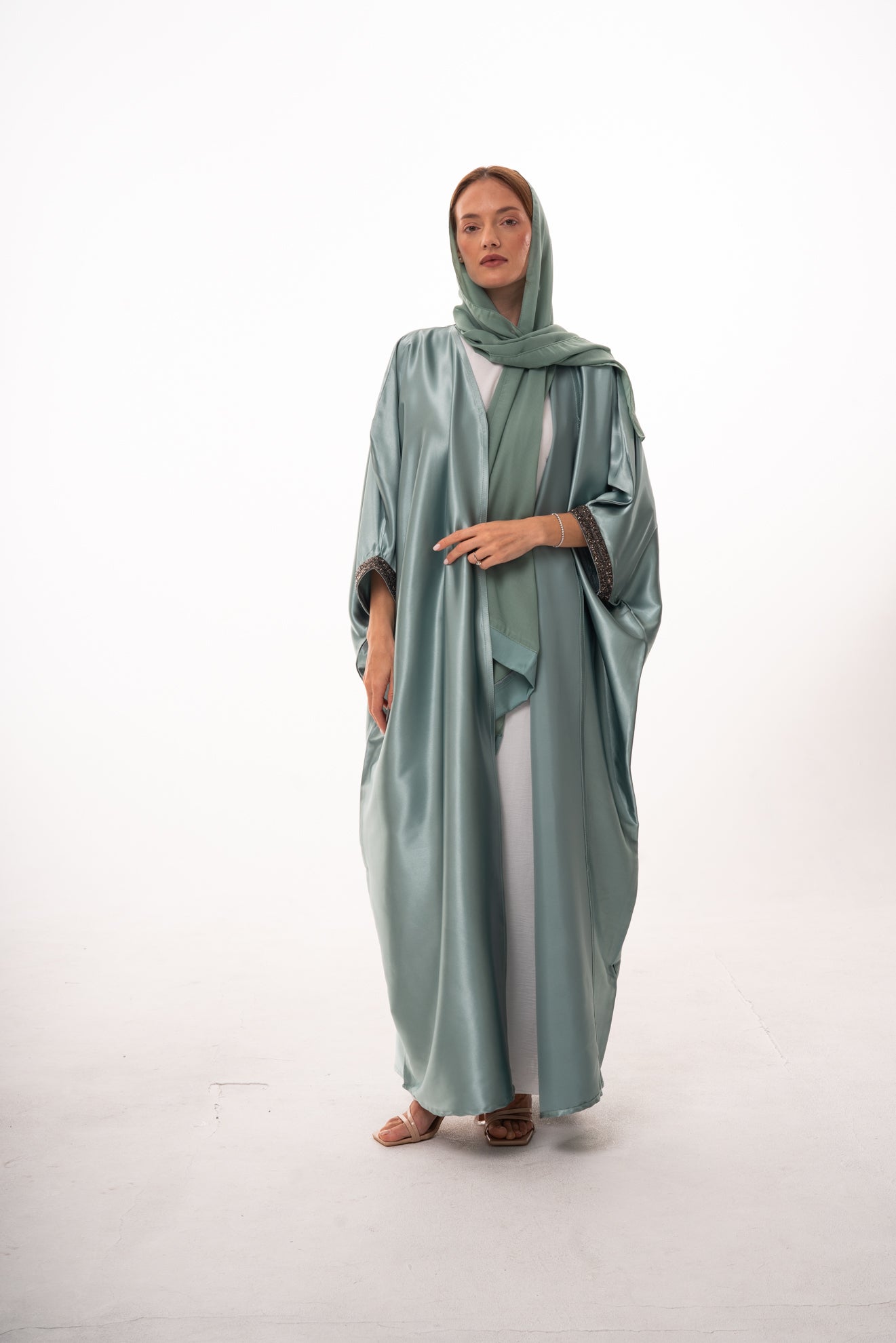 Lulu Satin Open Abaya - Green