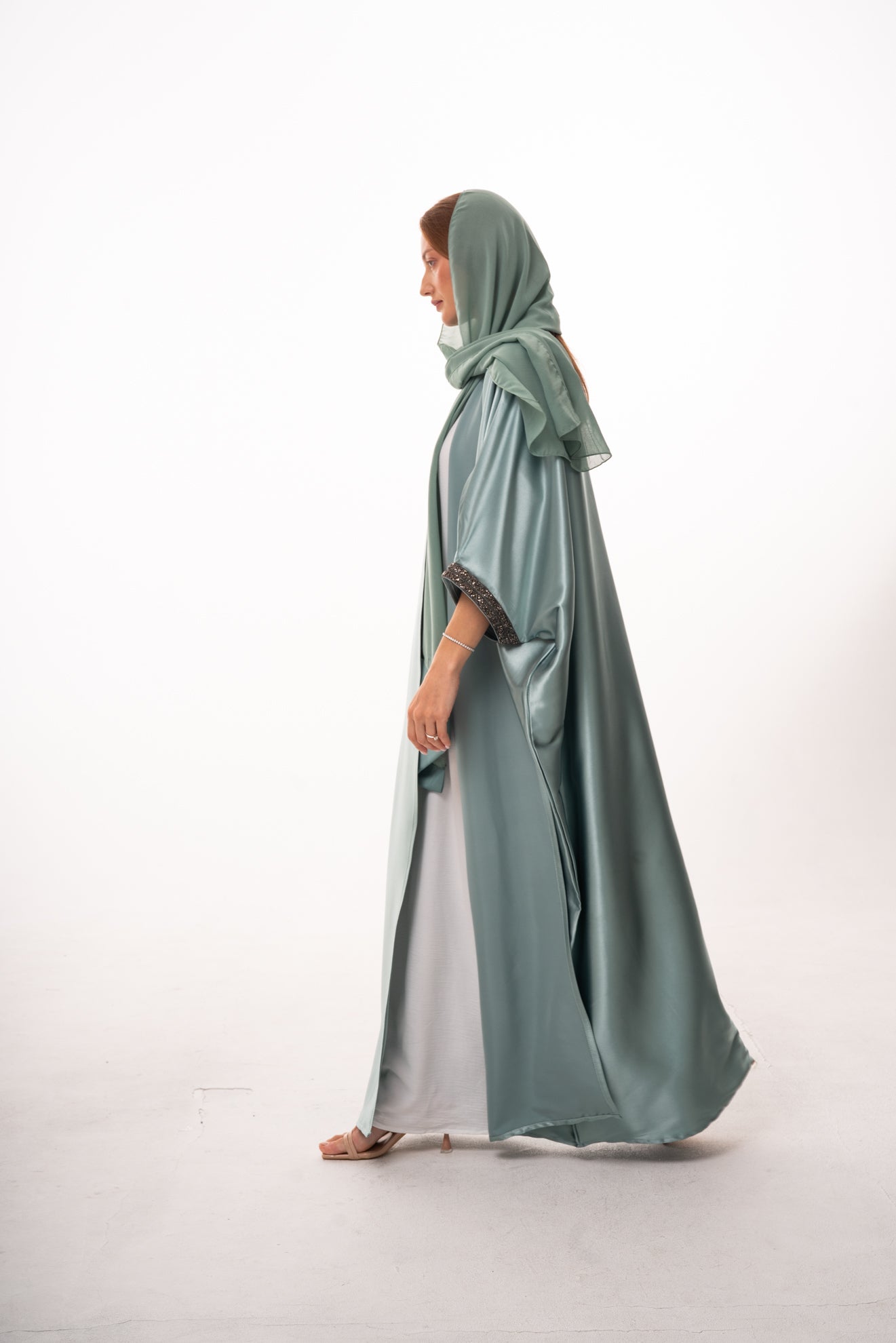 Lulu Satin Open Abaya - Green