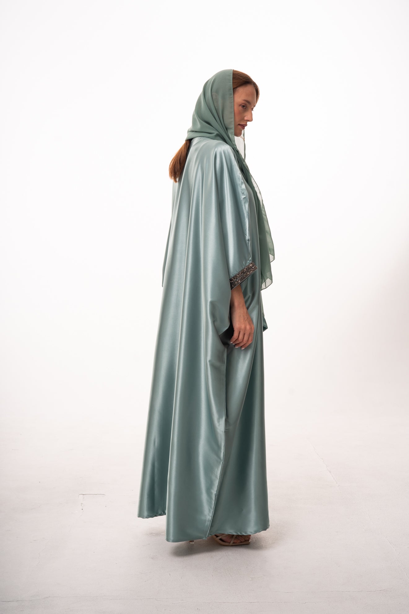 Lulu Satin Open Abaya - Green