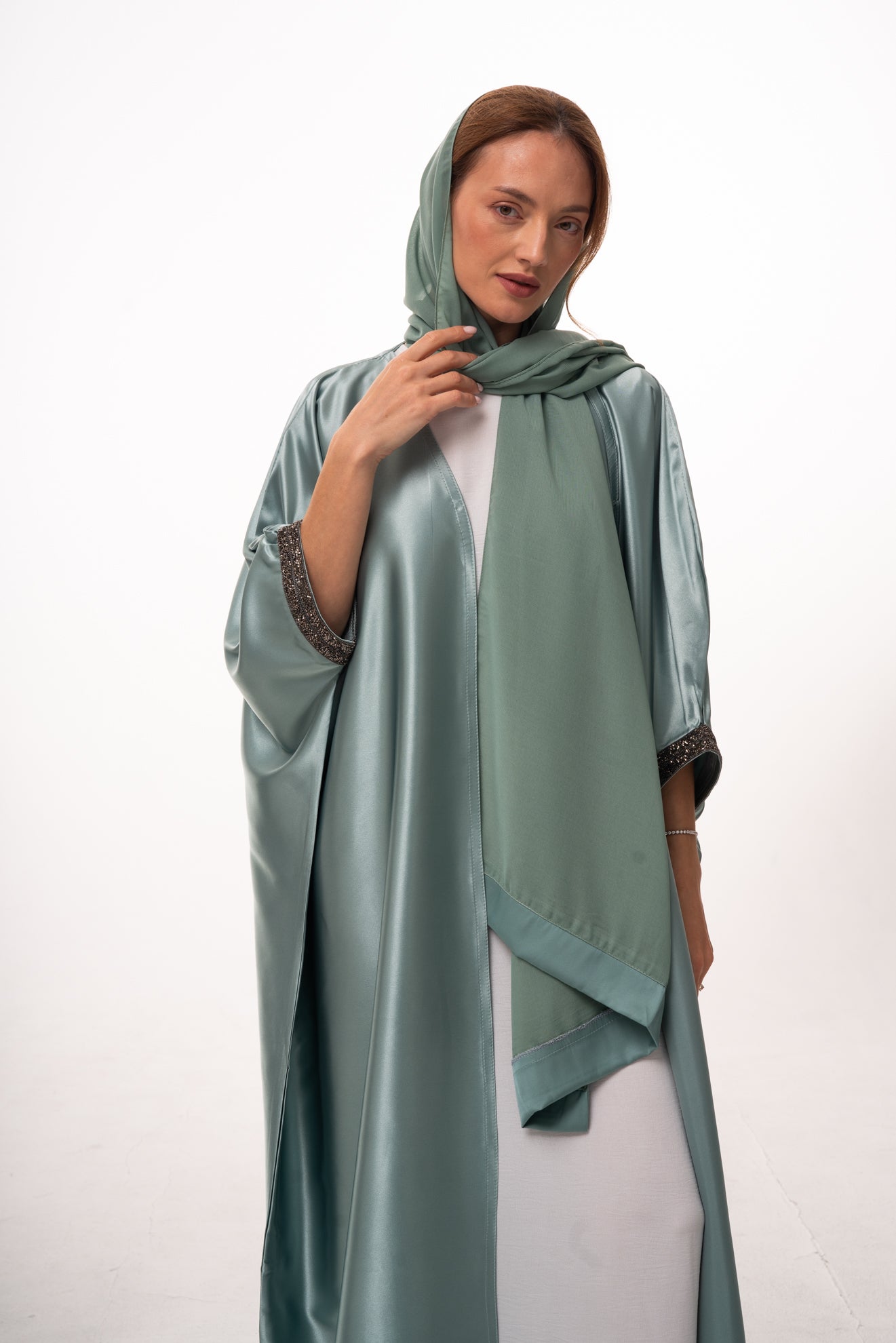 Lulu Satin Open Abaya - Green