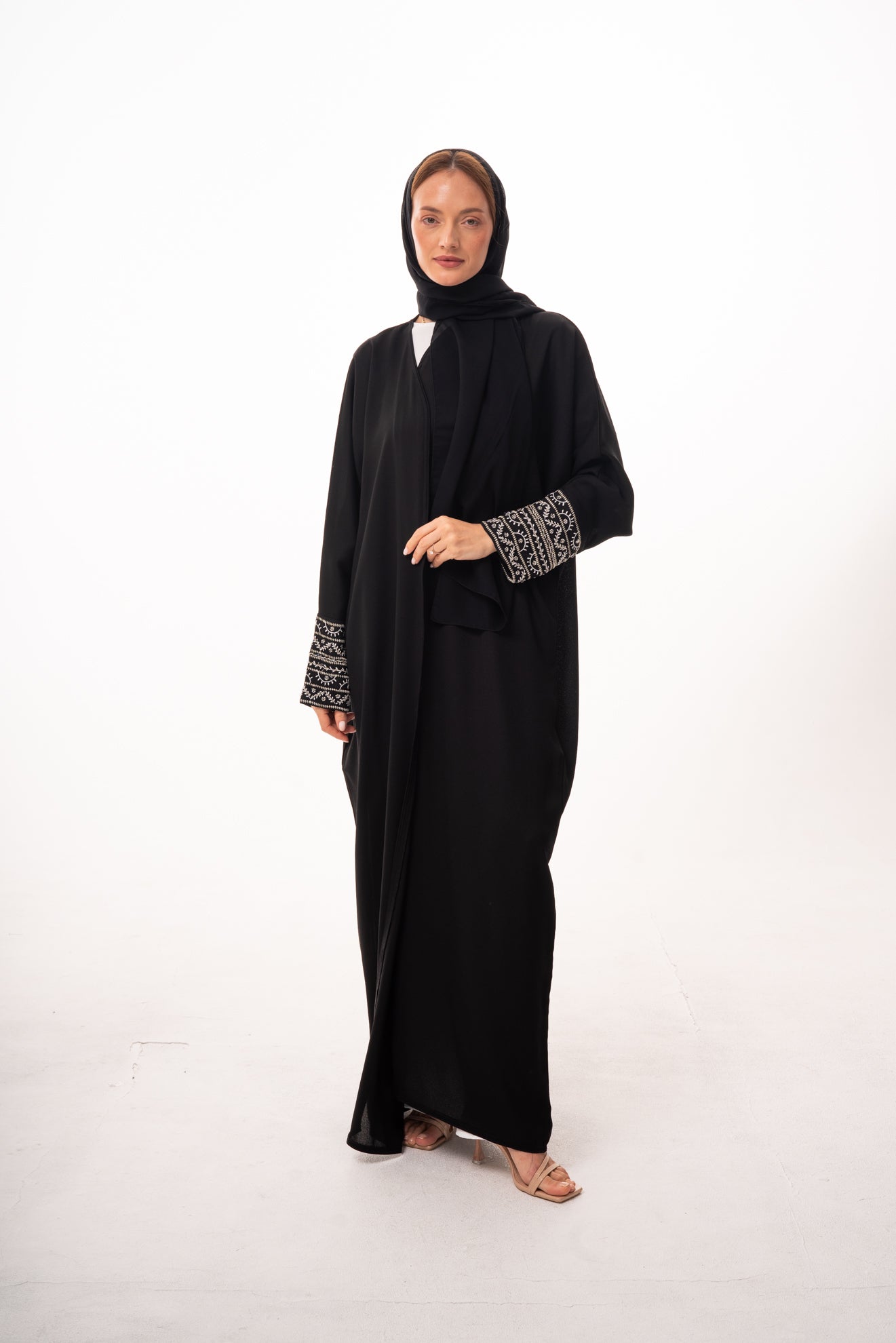 Black Beaded Wrist Open Abaya with Strap