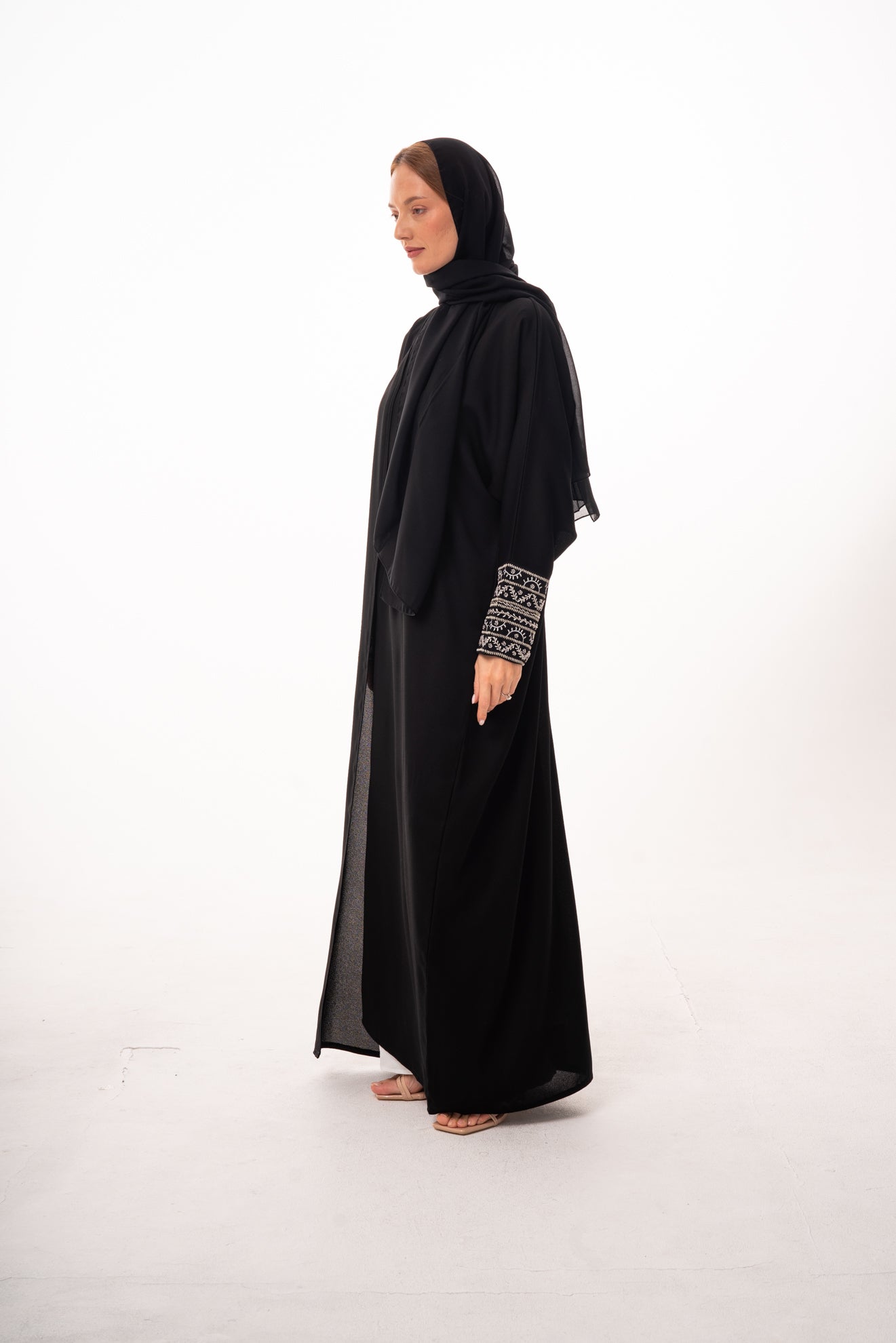 Black Beaded Wrist Open Abaya with Strap