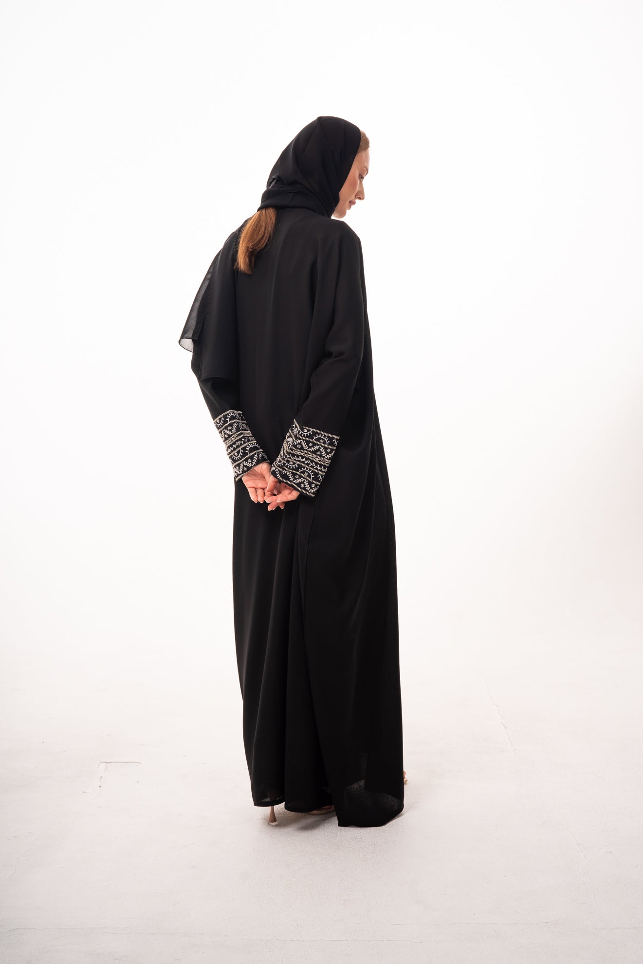 Black Beaded Wrist Open Abaya with Strap