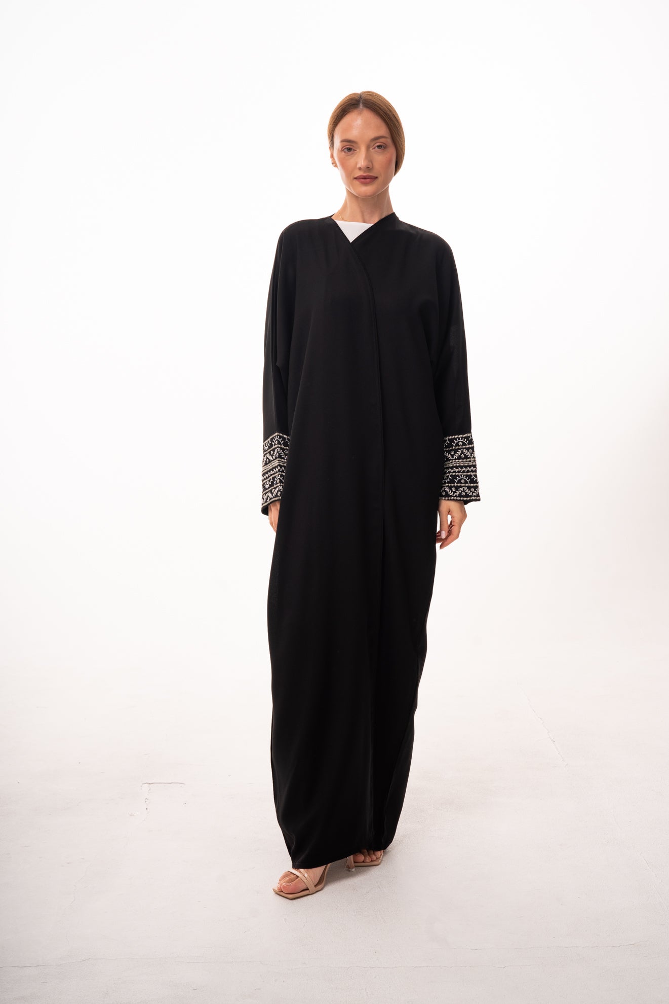 Black Beaded Wrist Open Abaya with Strap