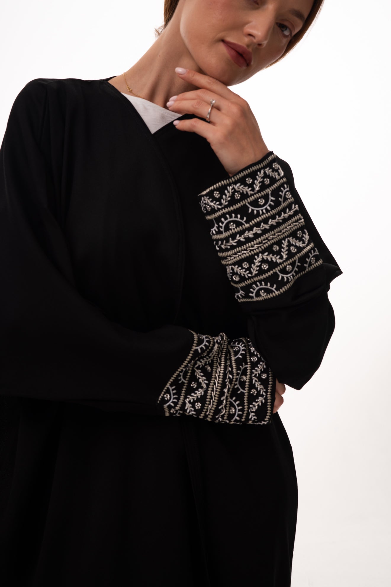 Black Beaded Wrist Open Abaya with Strap