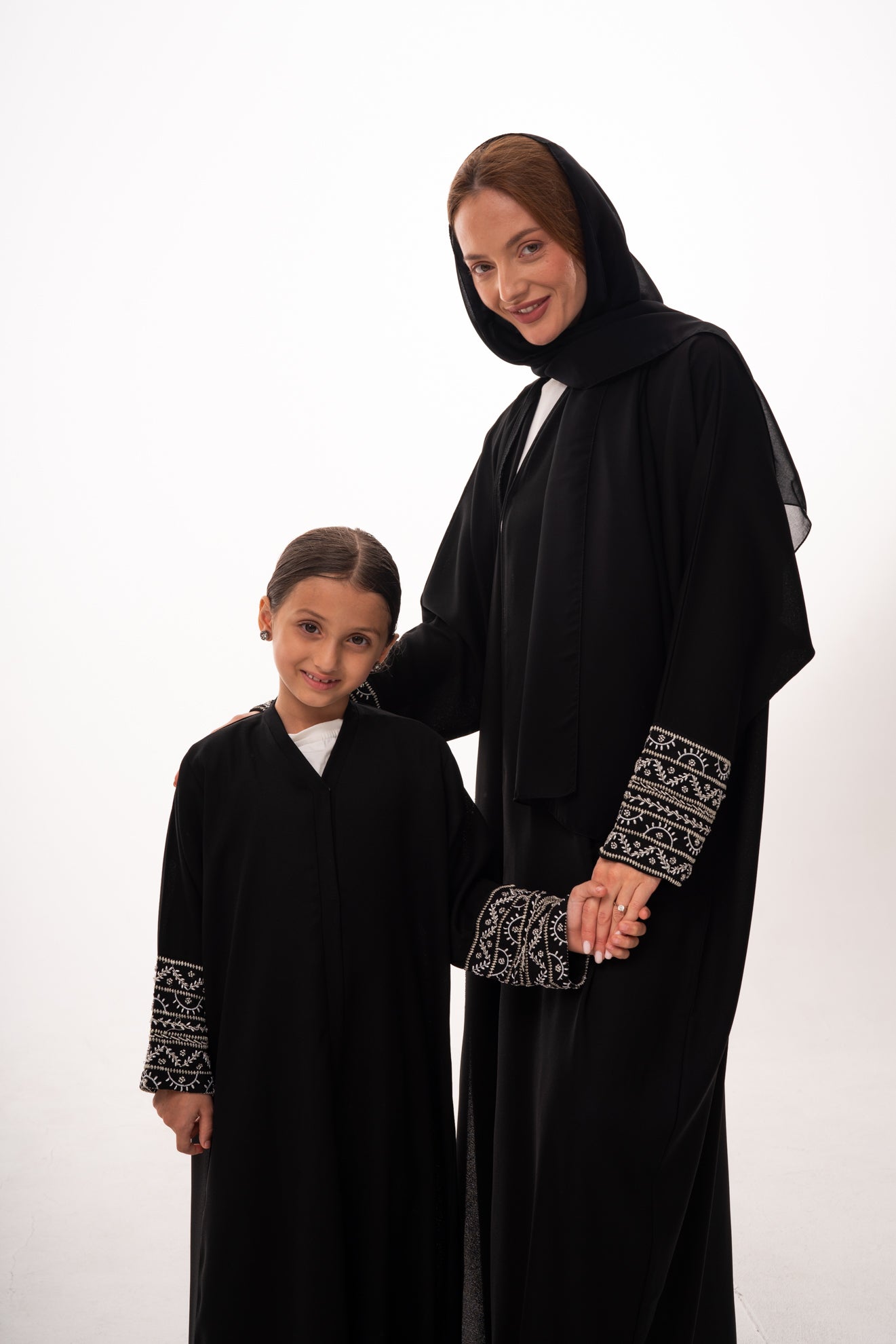 Mommy & Me - Black Beaded Wrist Open Abaya with Strap
