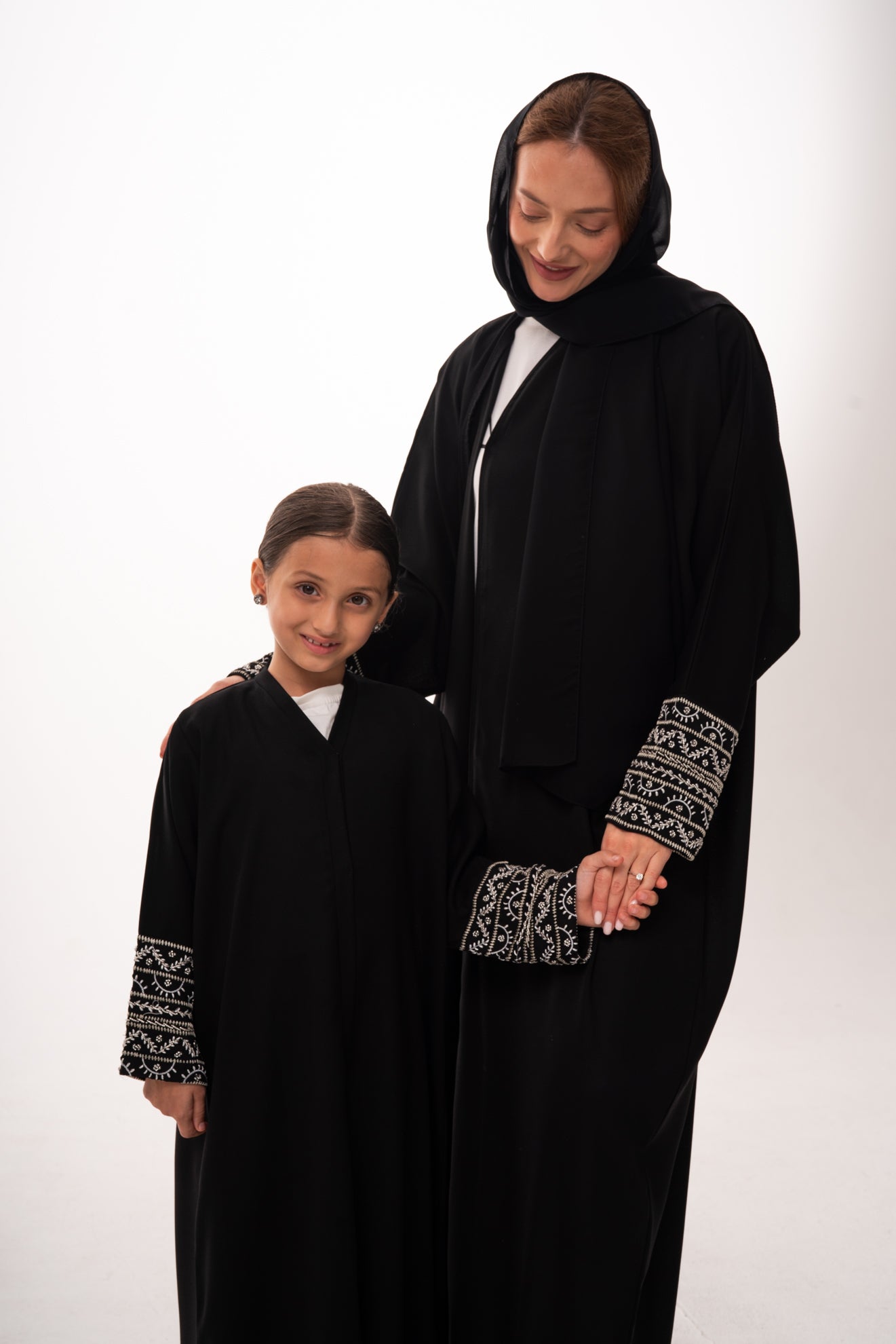 Mommy & Me - Black Beaded Wrist Open Abaya with Strap