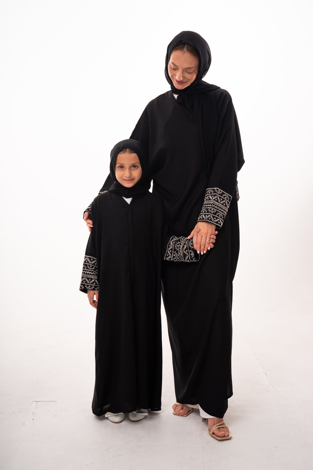 Mommy & Me - Black Beaded Wrist Open Abaya with Strap