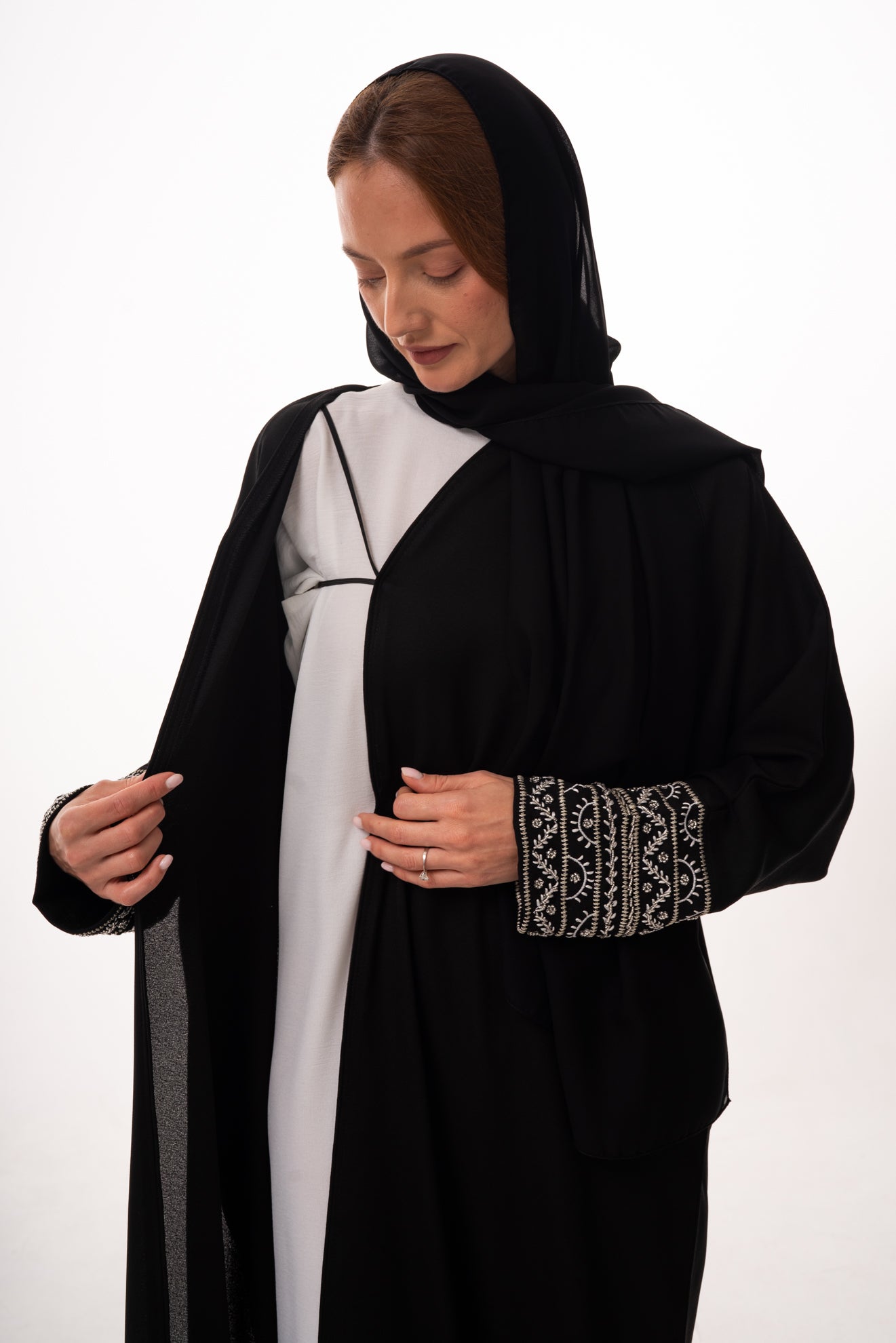 Black Beaded Wrist Open Abaya with Strap