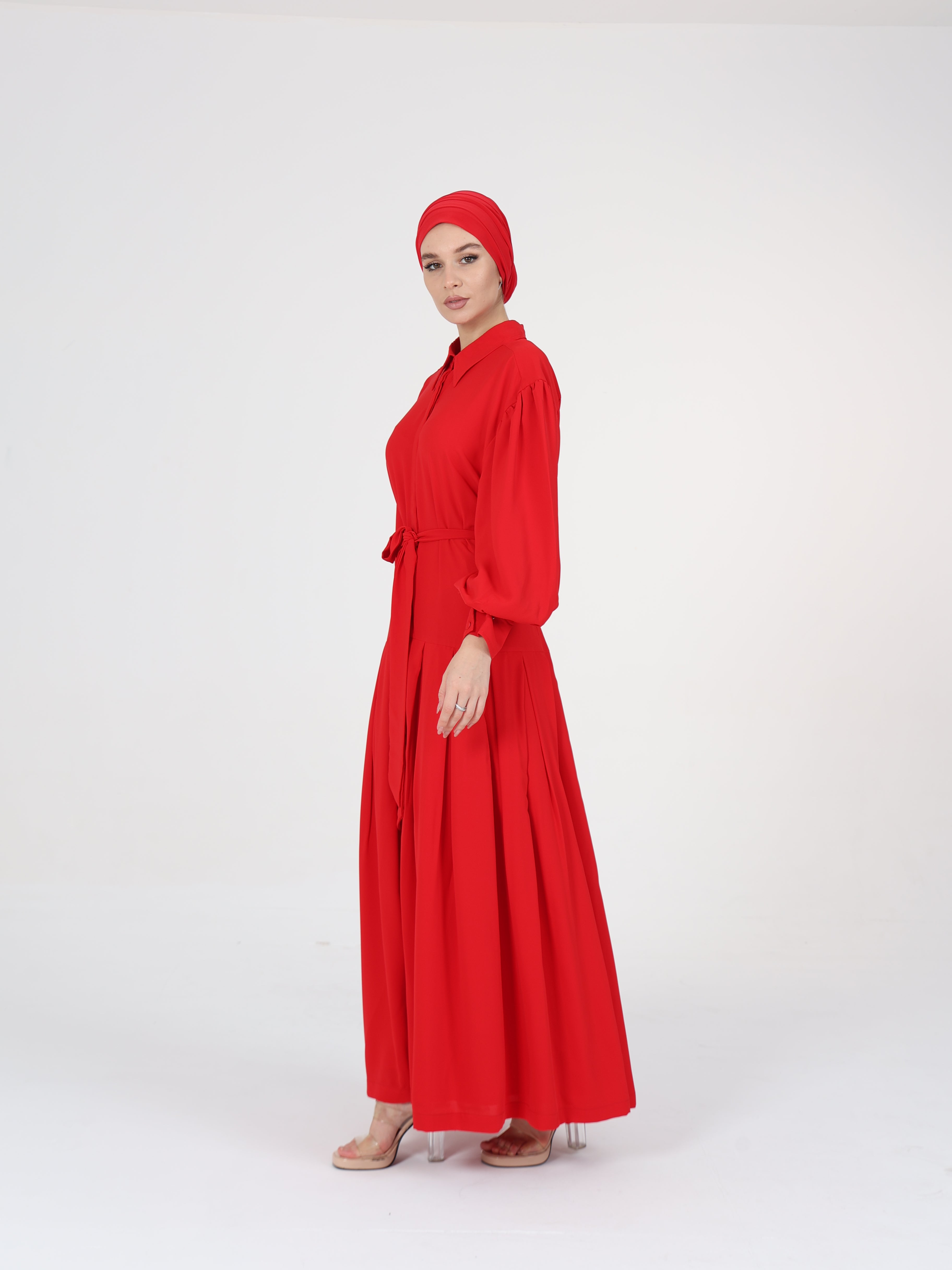 Modest Pleaded Dress - Red