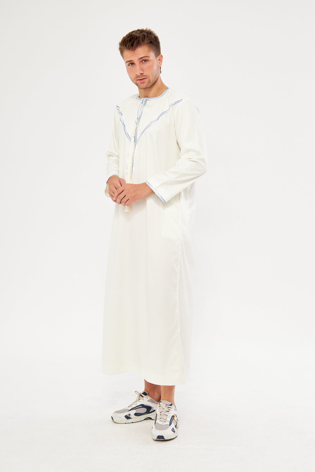 Saleh Omani Blue Print Thobe - White
