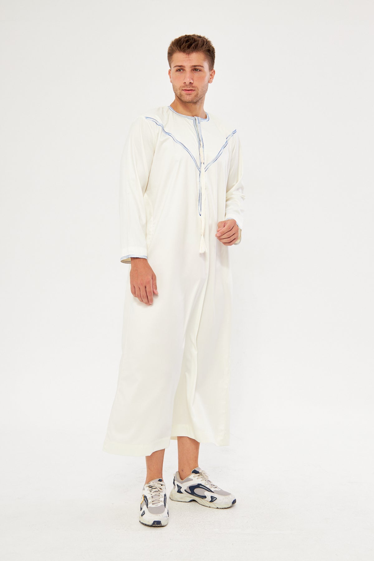Saleh Omani Blue Print Thobe - White