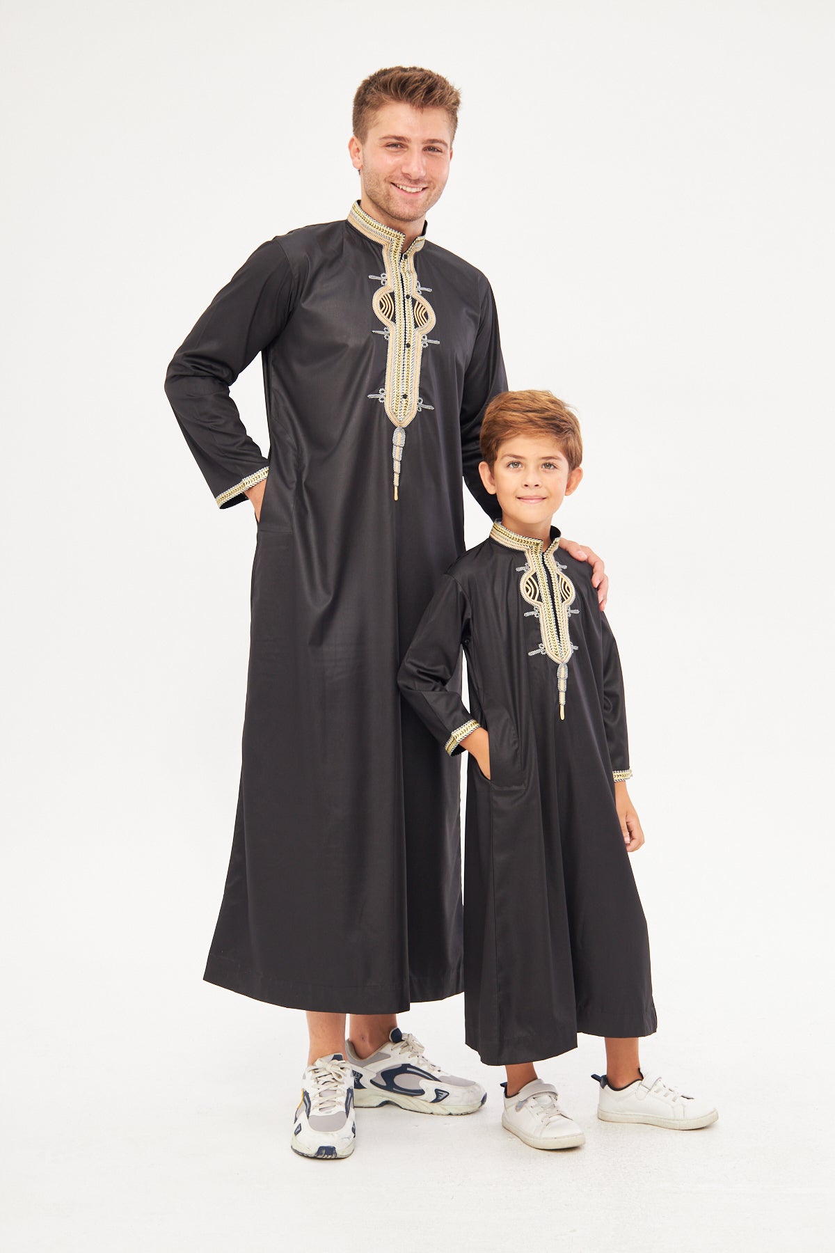 Amir Embroidery Gold Print Boys Thobe - Black