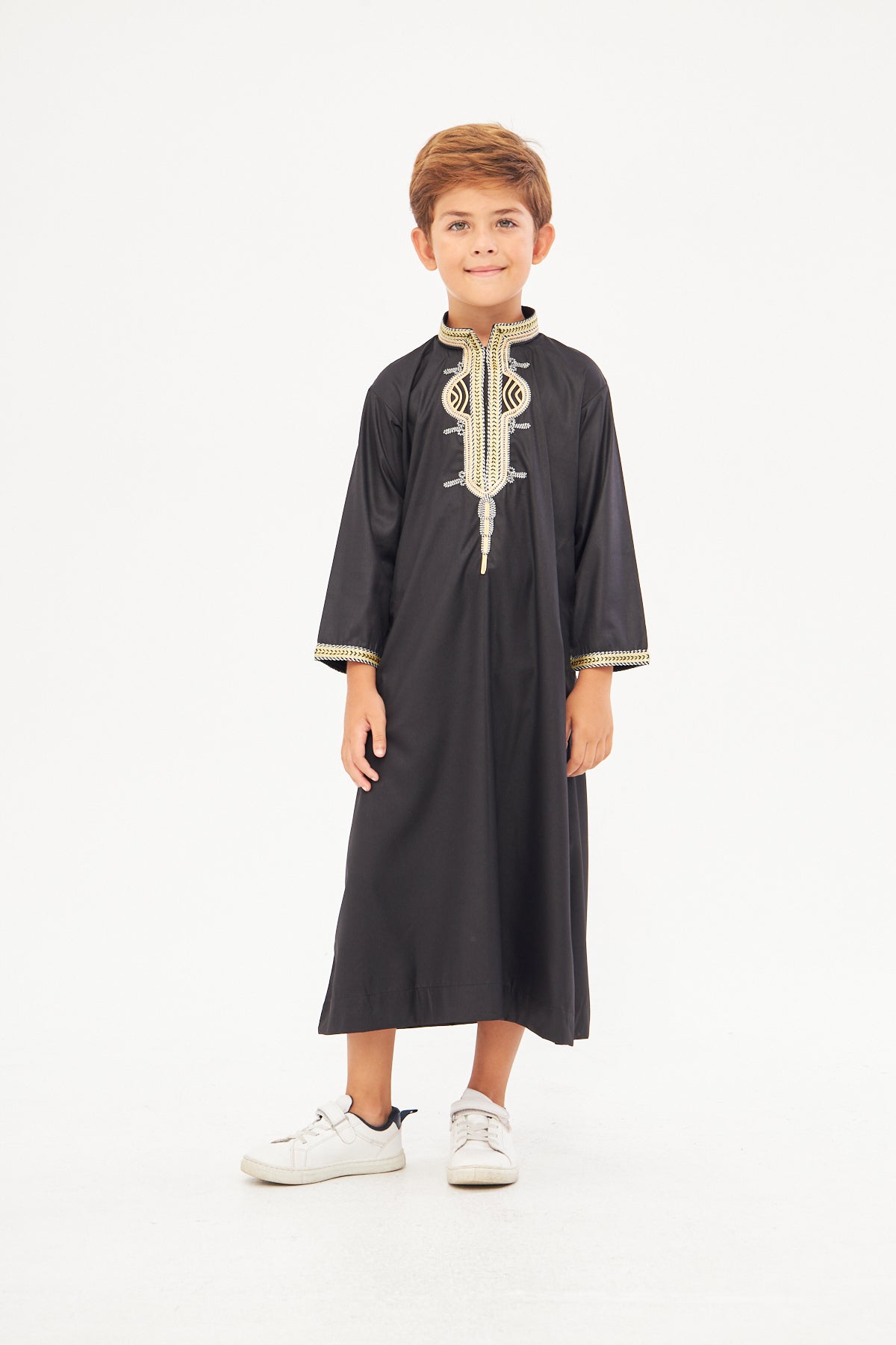 Amir Embroidery Gold Print Boys Thobe - Black