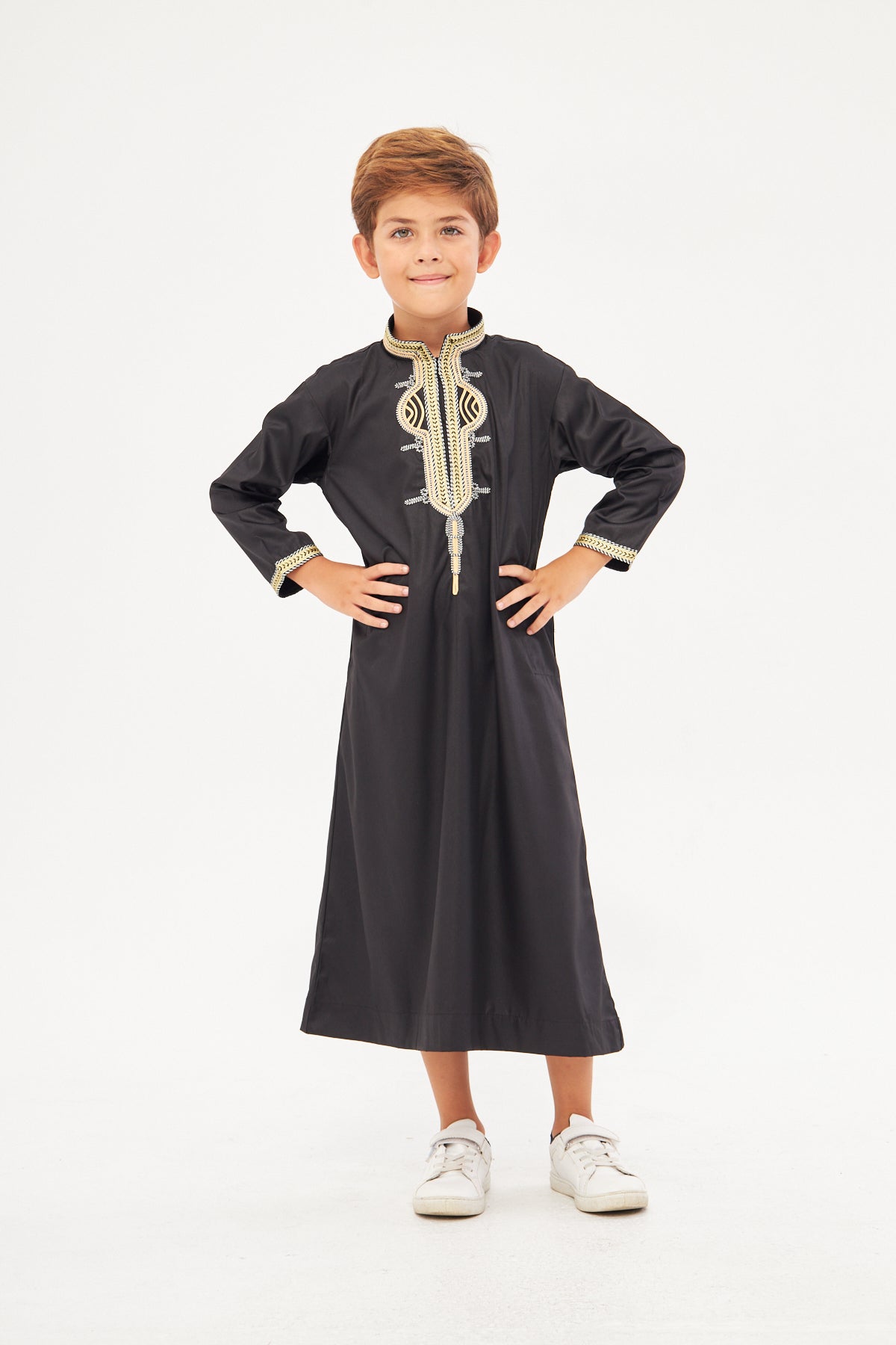 Amir Embroidery Gold Print Boys Thobe - Black