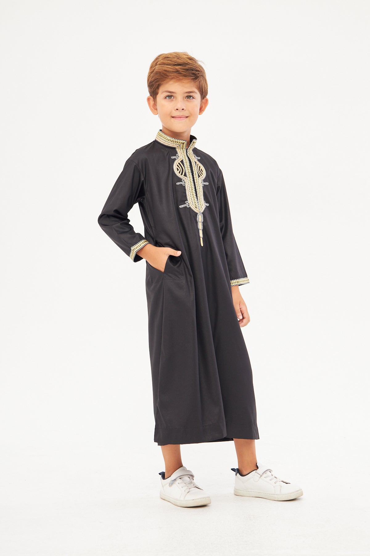 Amir Embroidery Gold Print Boys Thobe - Black