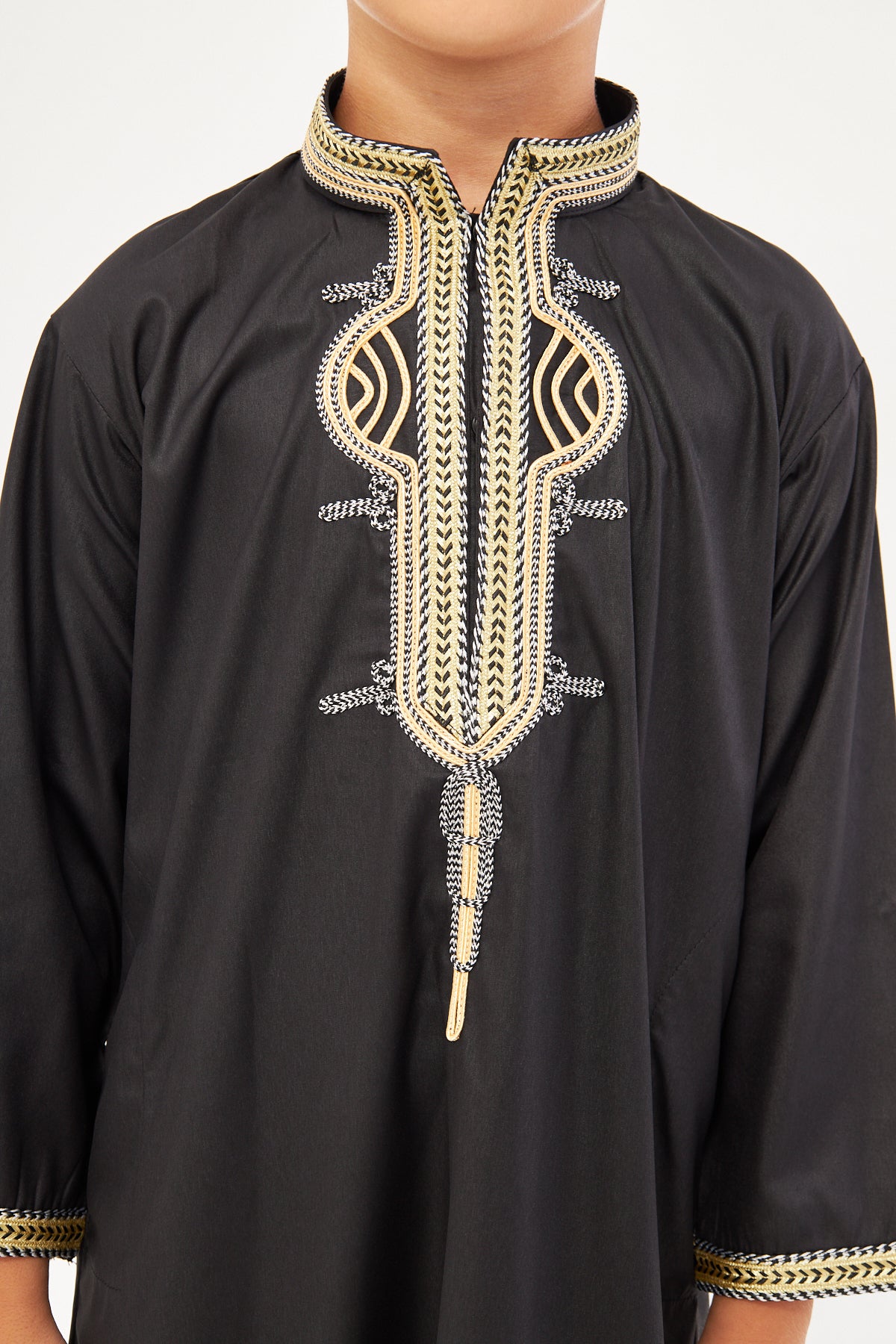 Amir Embroidery Gold Print Boys Thobe - Black