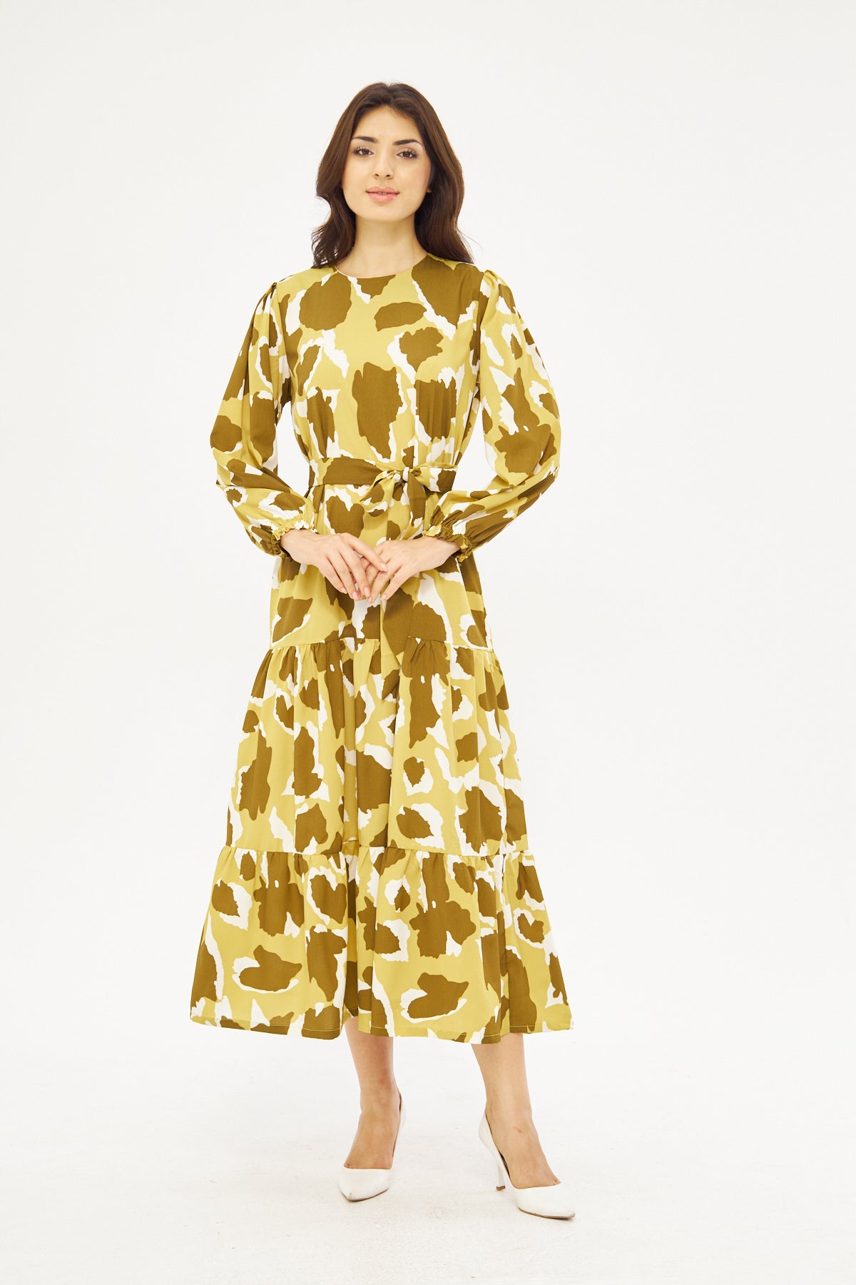 Alysa Print Ruffled Hem Dress - Olive Green
