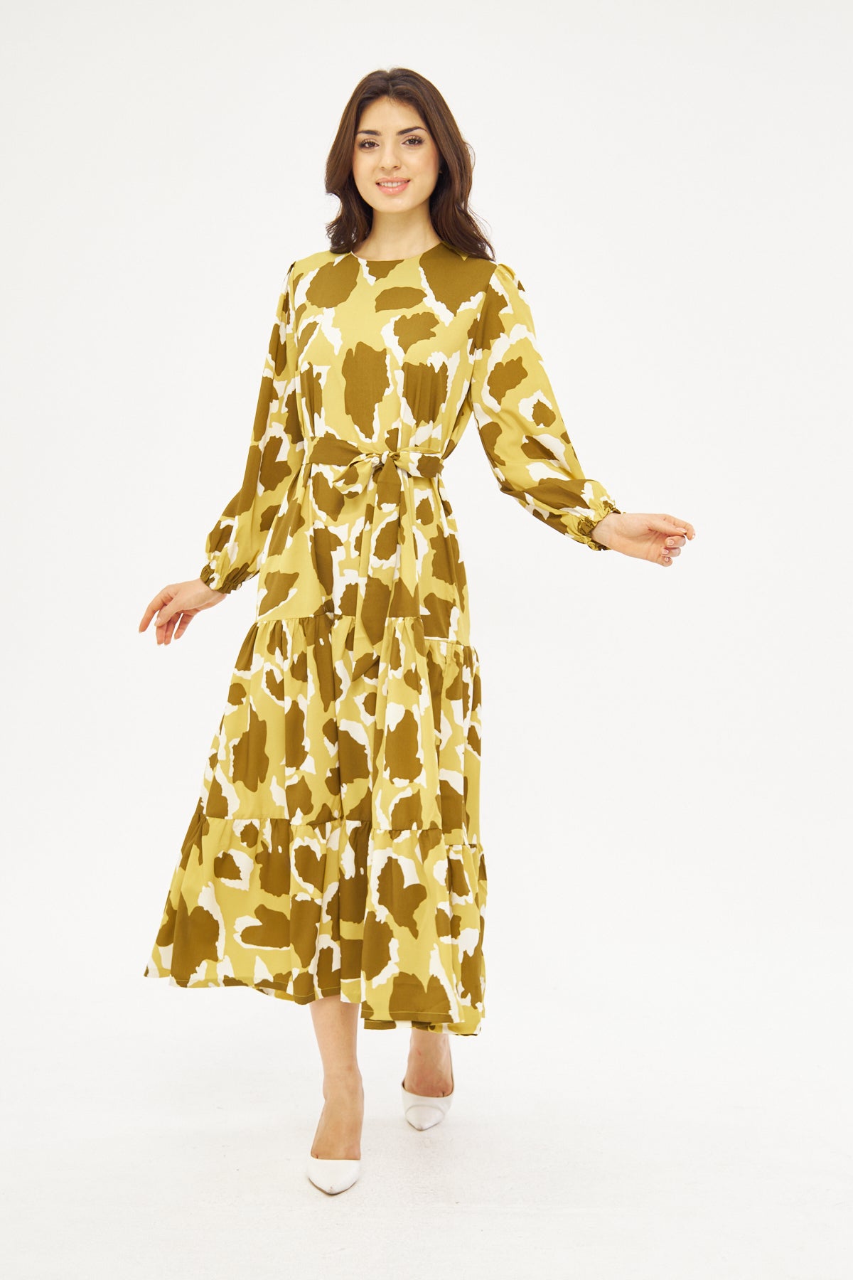 Alysa Print Ruffled Hem Dress - Olive Green