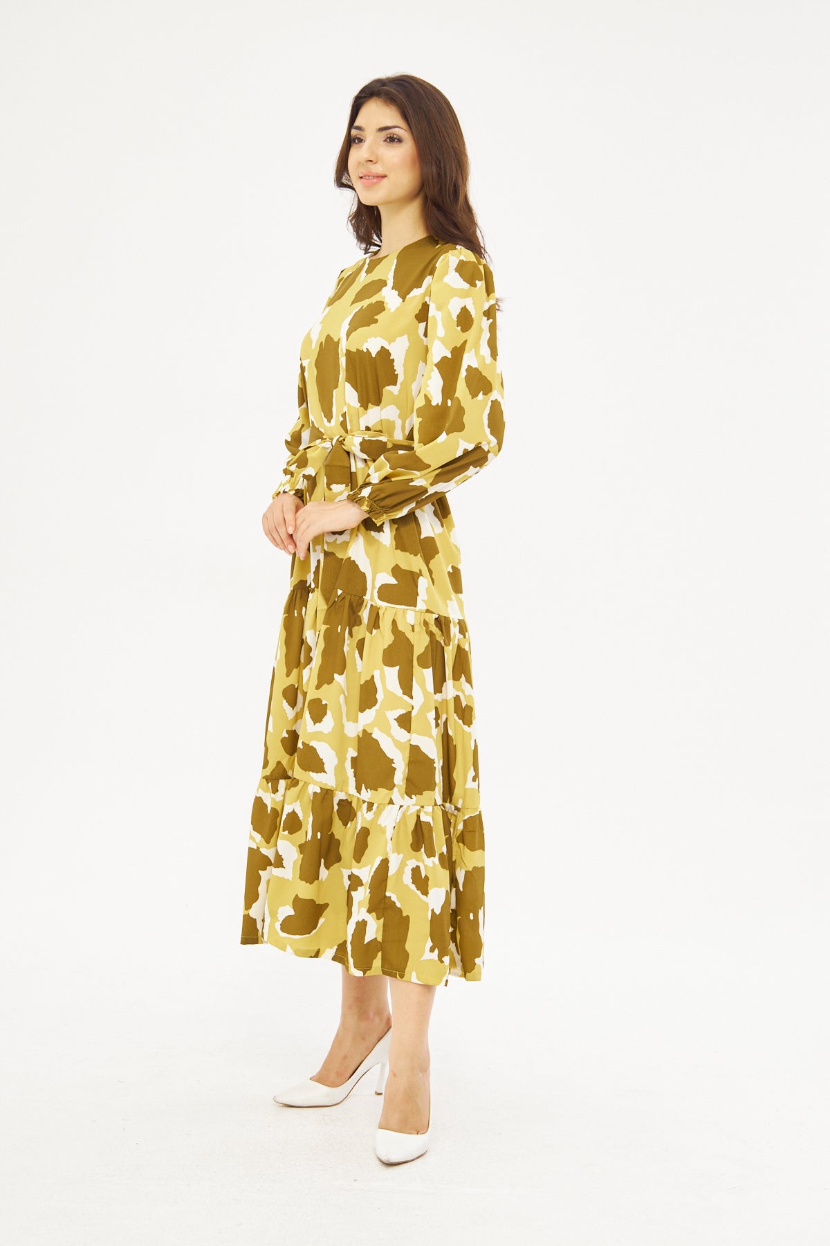 Alysa Print Ruffled Hem Dress - Olive Green