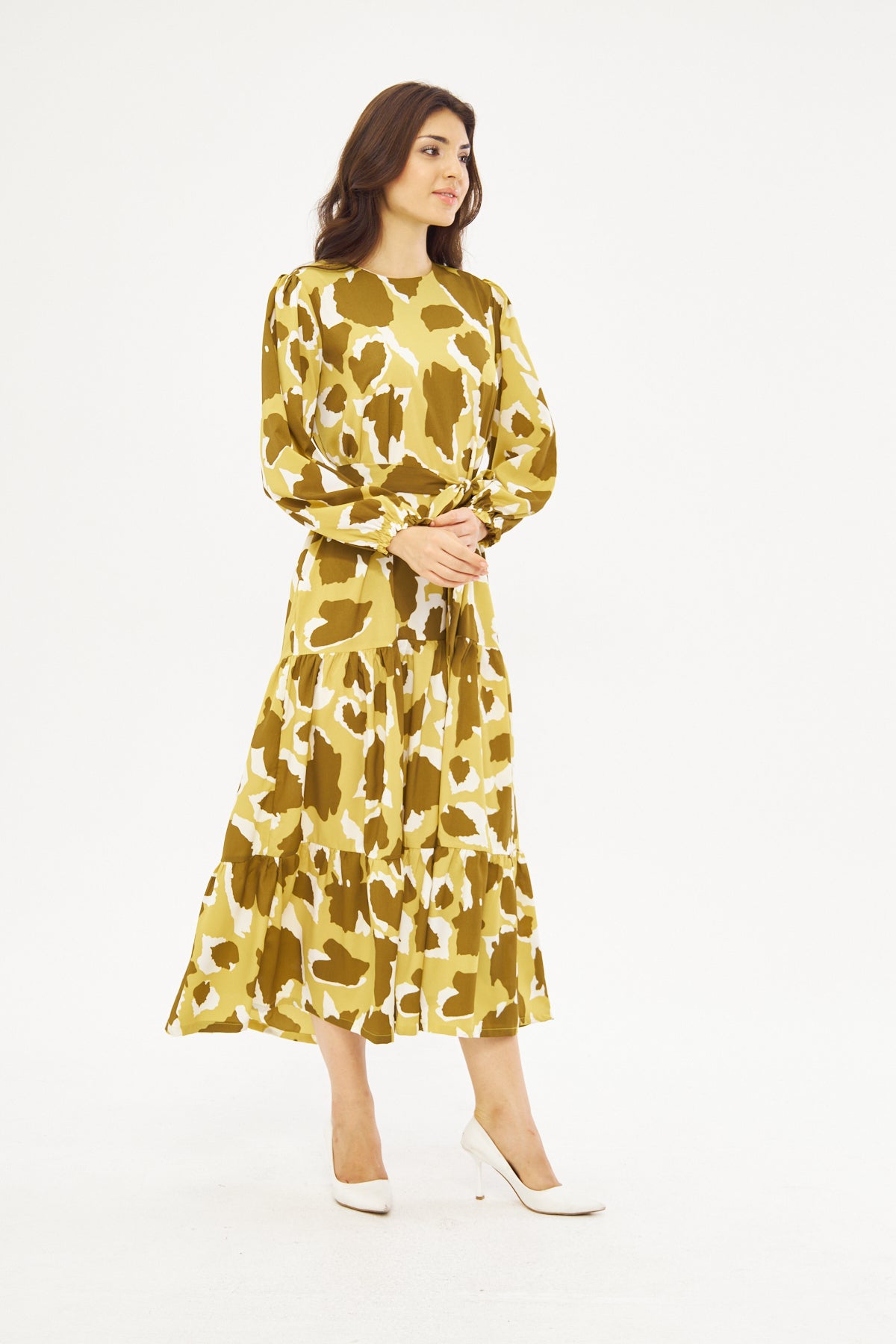 Alysa Print Ruffled Hem Dress - Olive Green