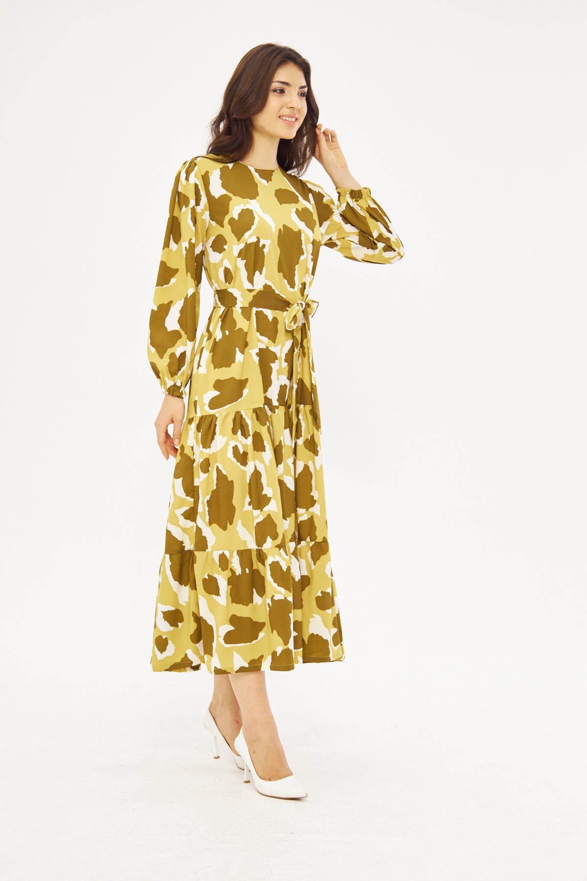 Alysa Print Ruffled Hem Dress - Olive Green