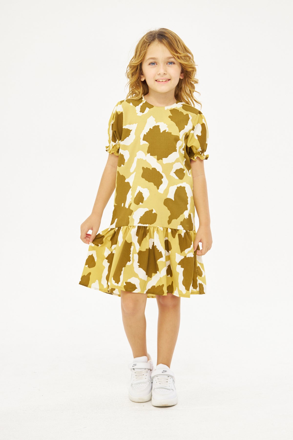 Alysa Print Ruffled Hem Girls Dress - Olive Green