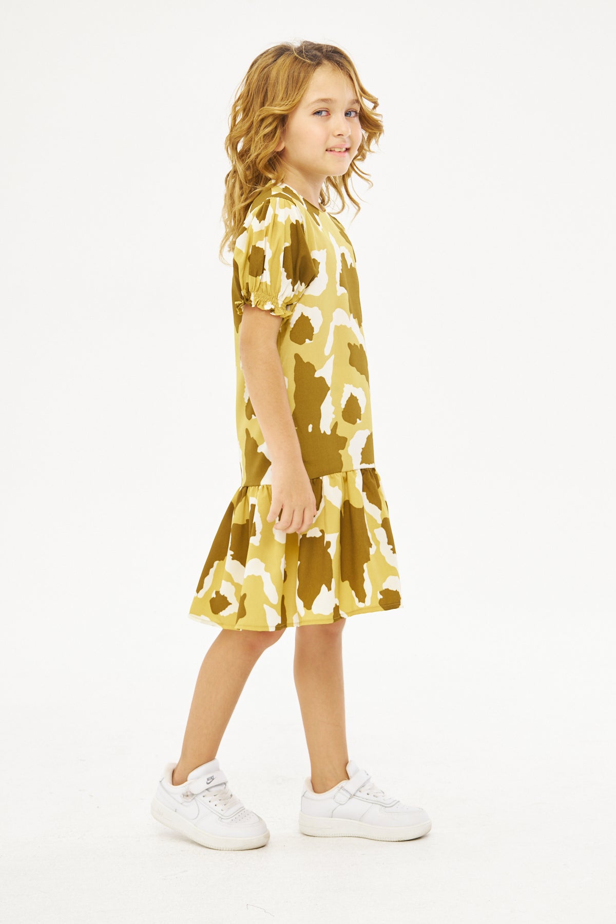 Alysa Print Ruffled Hem Girls Dress - Olive Green