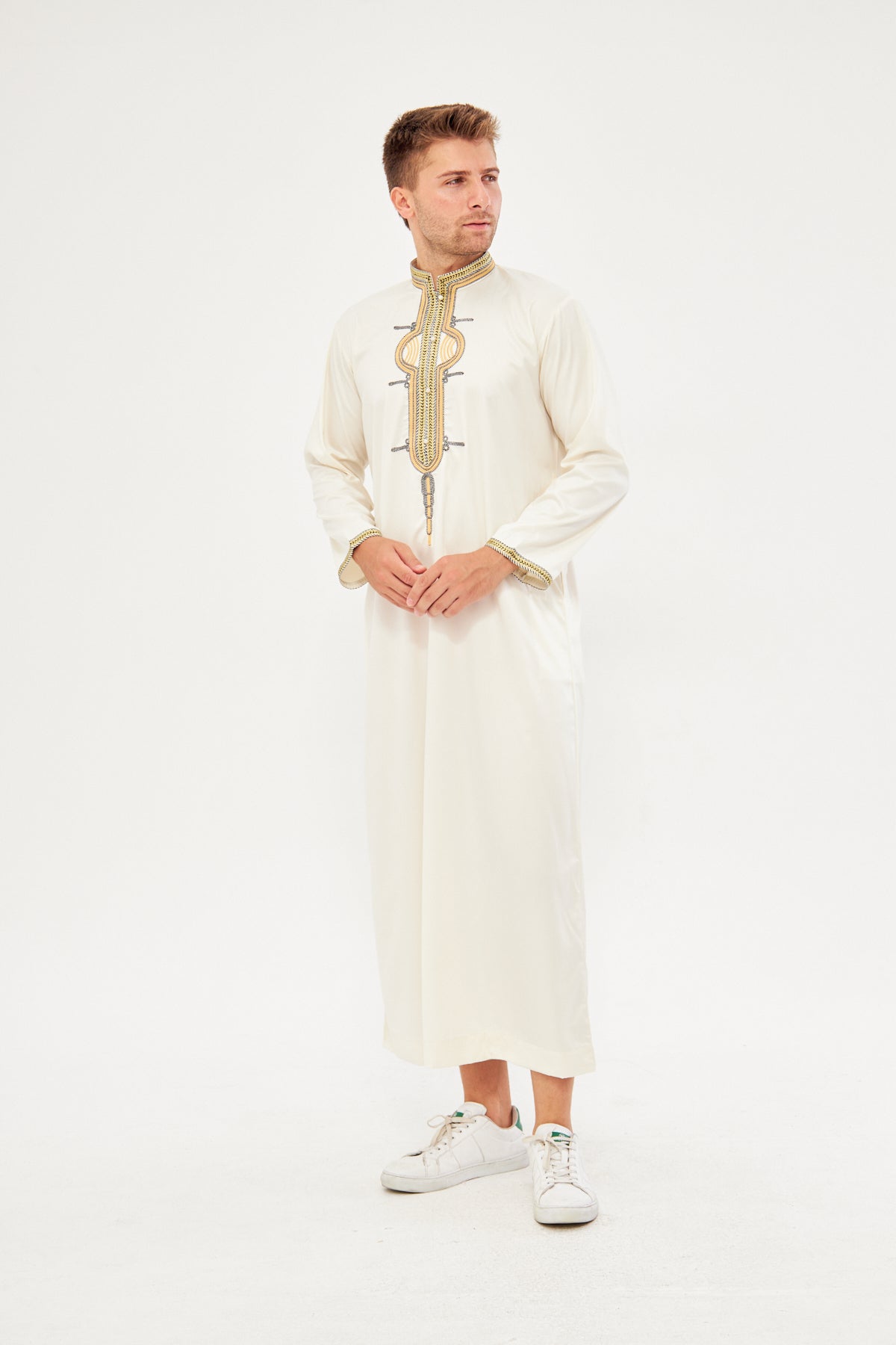 Amir Embroidery Gold Print Thobe - Off-White