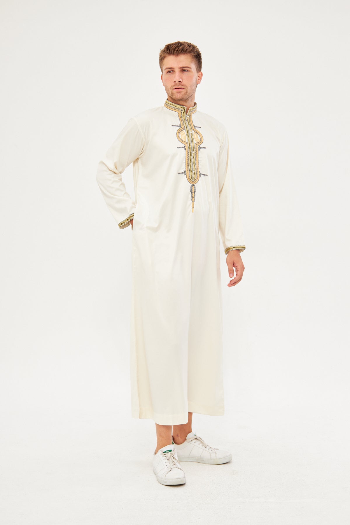 Amir Embroidery Gold Print Thobe - Off-White