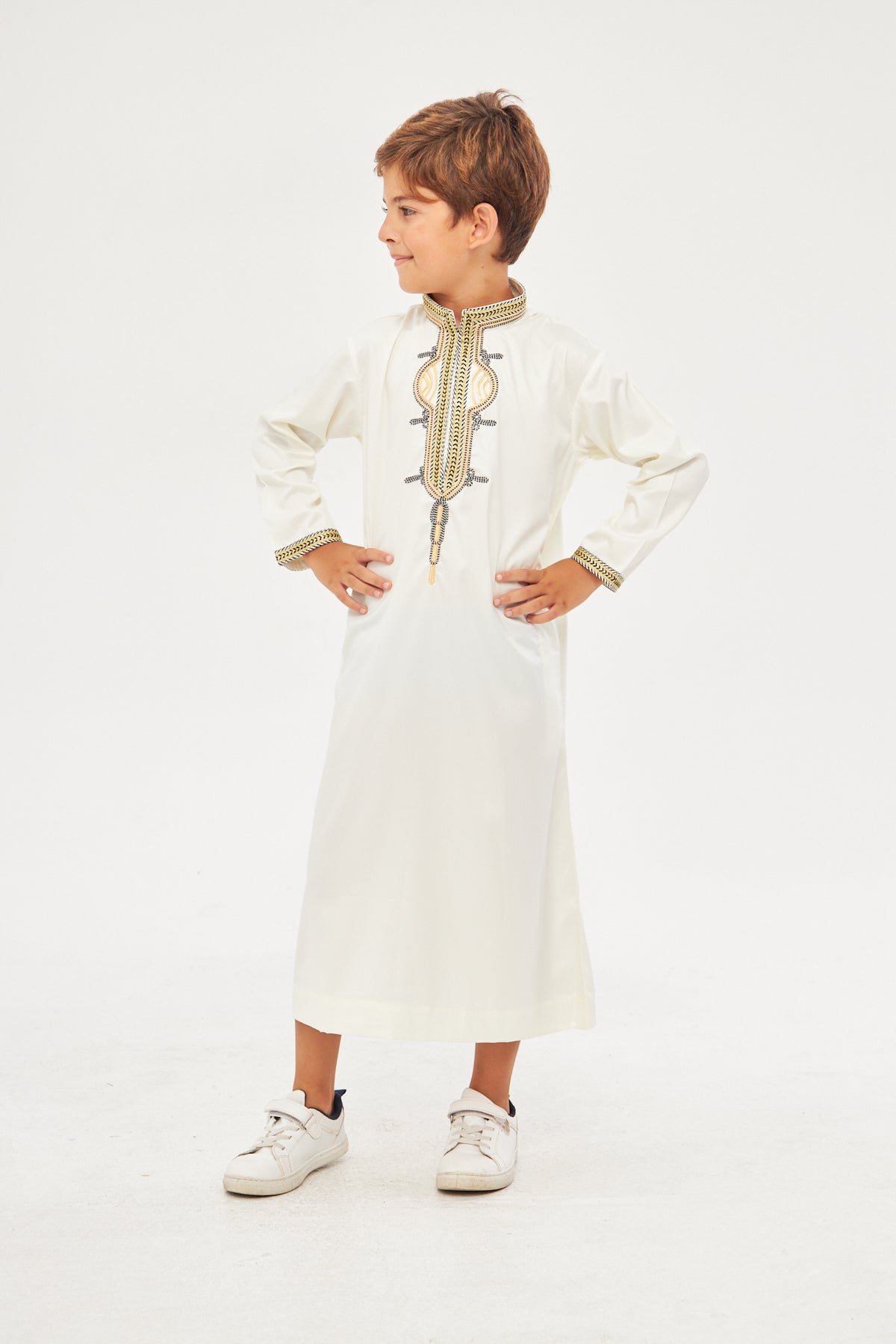 Amir Embroidery Gold Print Boys Thobe - Off-White