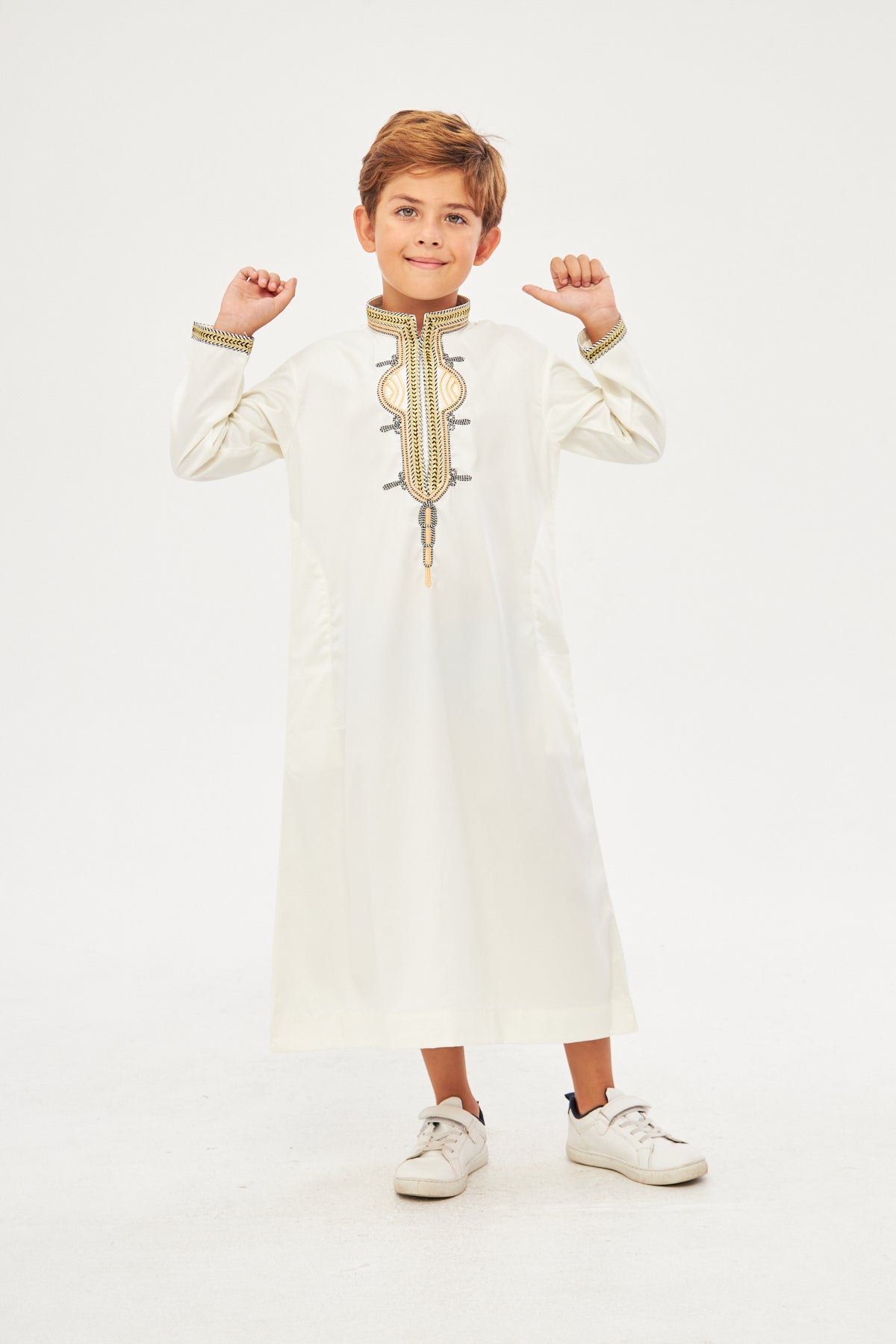 Amir Embroidery Gold Print Boys Thobe - Off-White