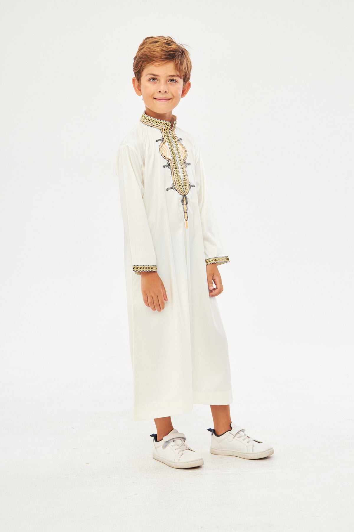 Amir Embroidery Gold Print Boys Thobe - Off-White