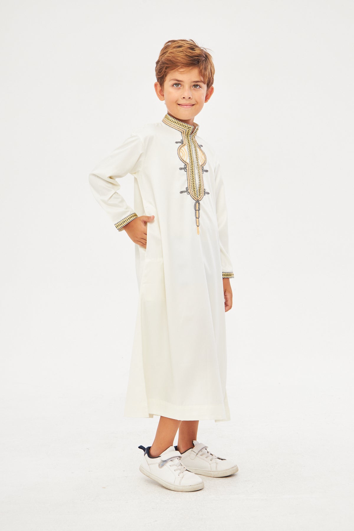 Daddy & Me - Amir Embroidery Gold Print Boys Thobe - Off-White