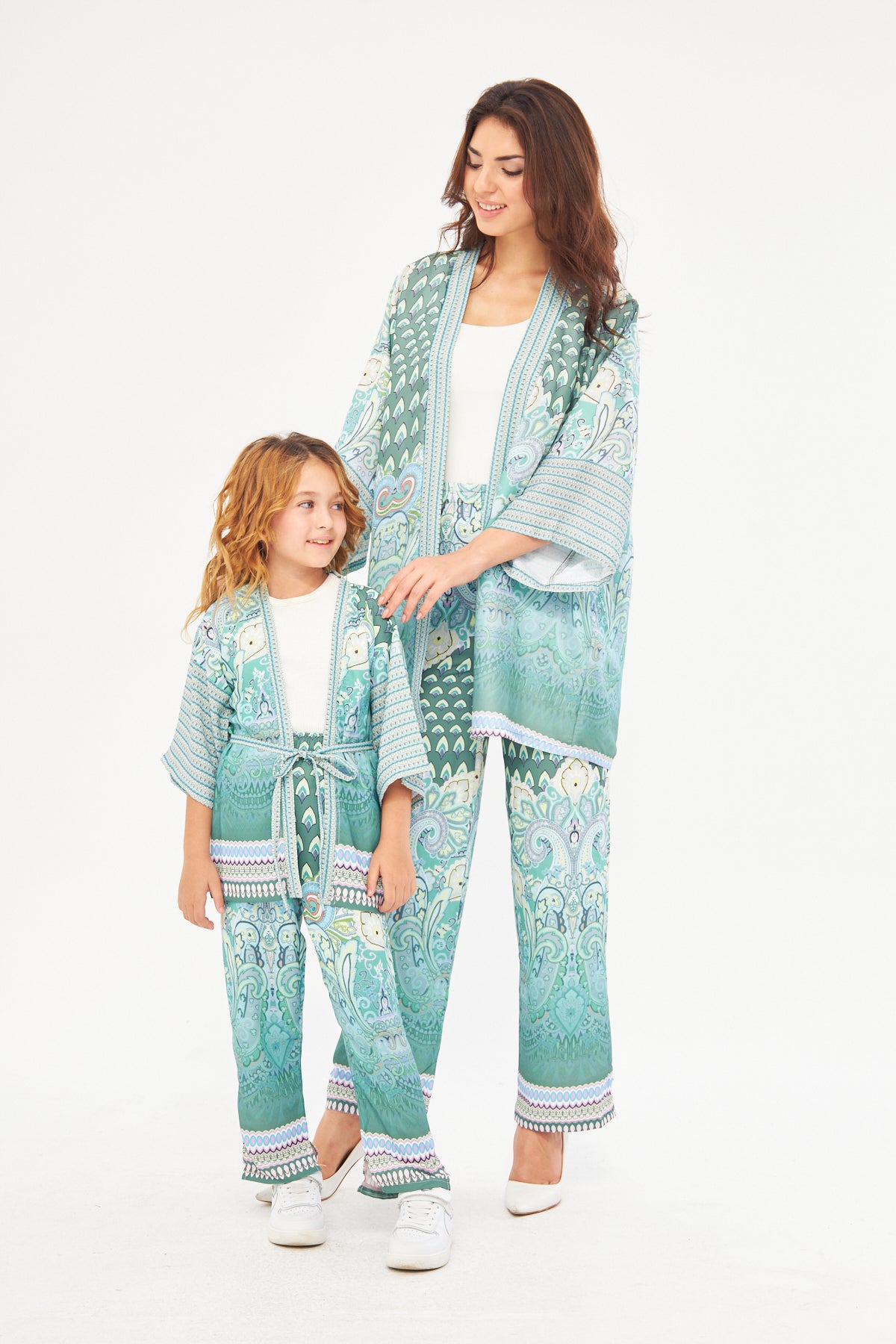Mommy & Me - Amelia Paisley Print Kimono & Wide Leg Pants - Light Blue