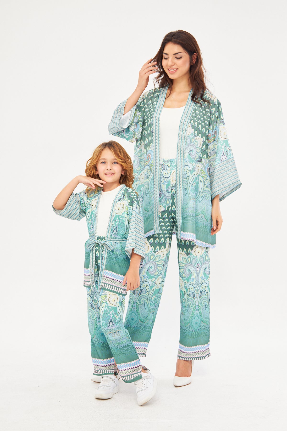 Mommy & Me - Amelia Paisley Print Kimono & Wide Leg Pants - Light Blue
