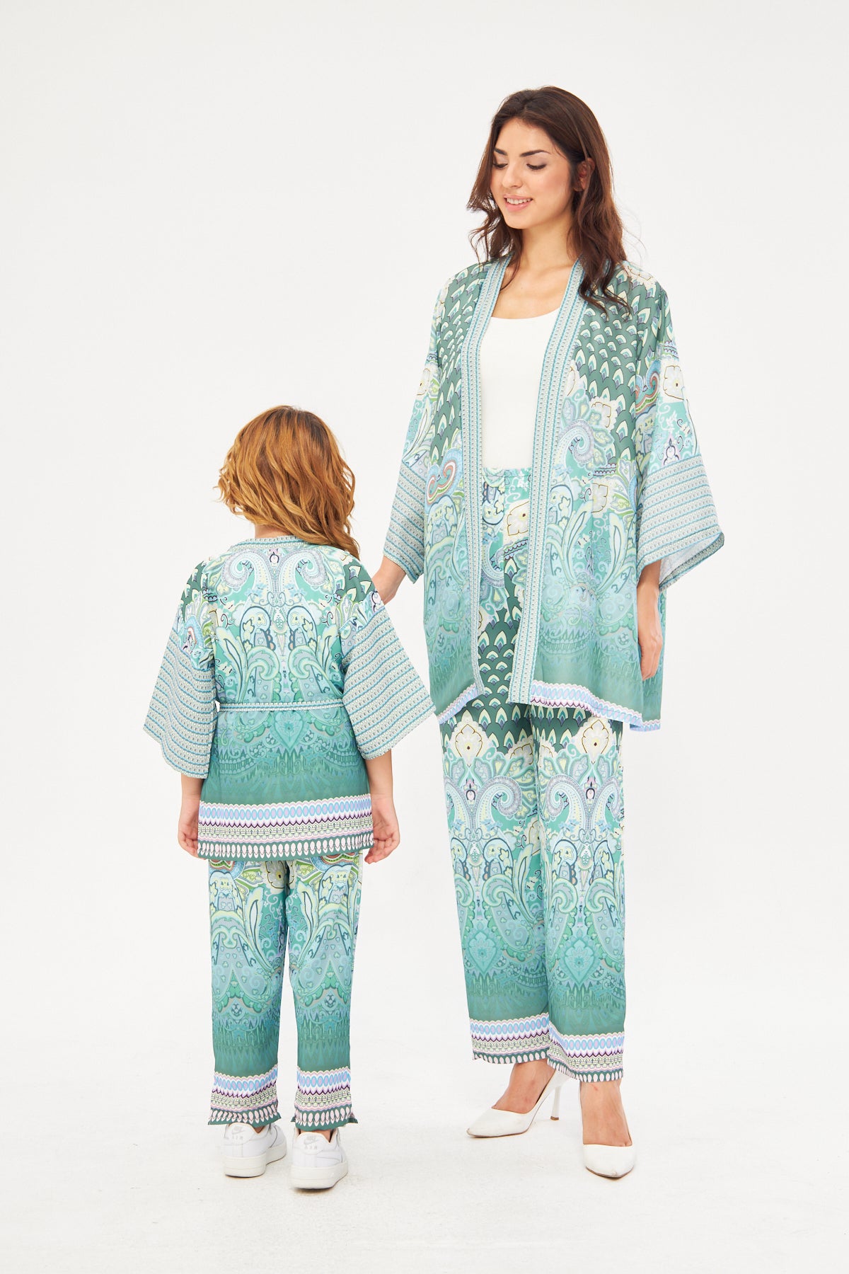 Mommy & Me - Amelia Paisley Print Kimono & Wide Leg Pants - Light Blue