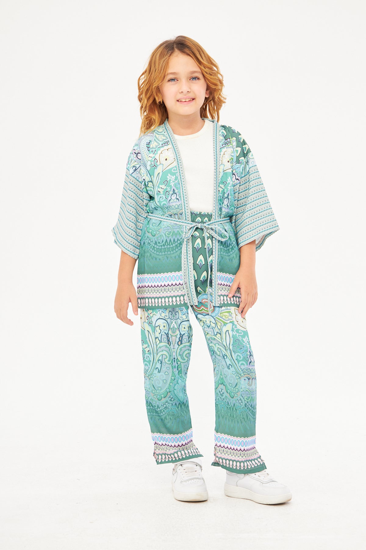 Amelia Girls Paisley Print Kimono & Wide Leg Pants – Light Blue