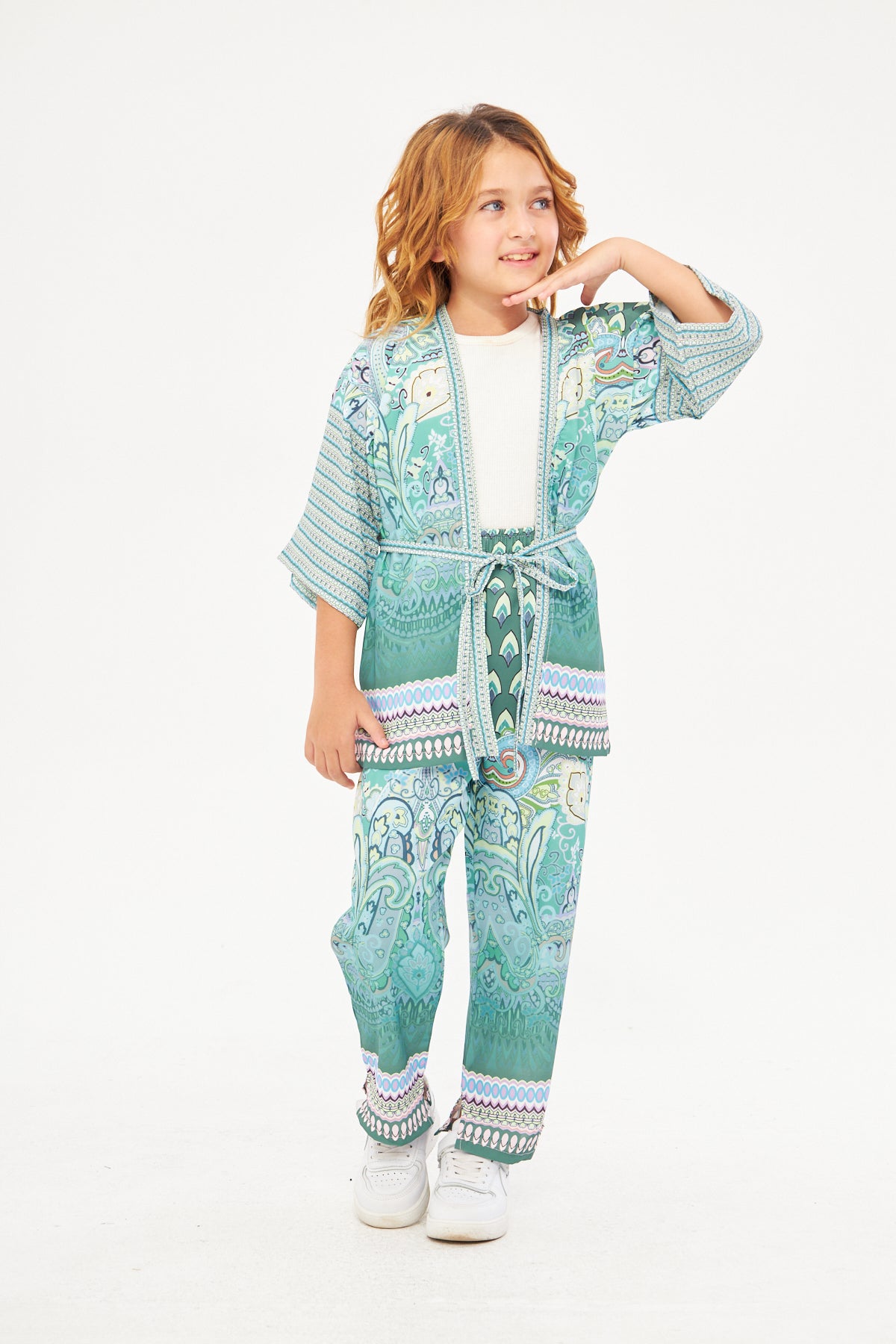 Amelia Girls Paisley Print Kimono & Wide Leg Pants – Light Blue