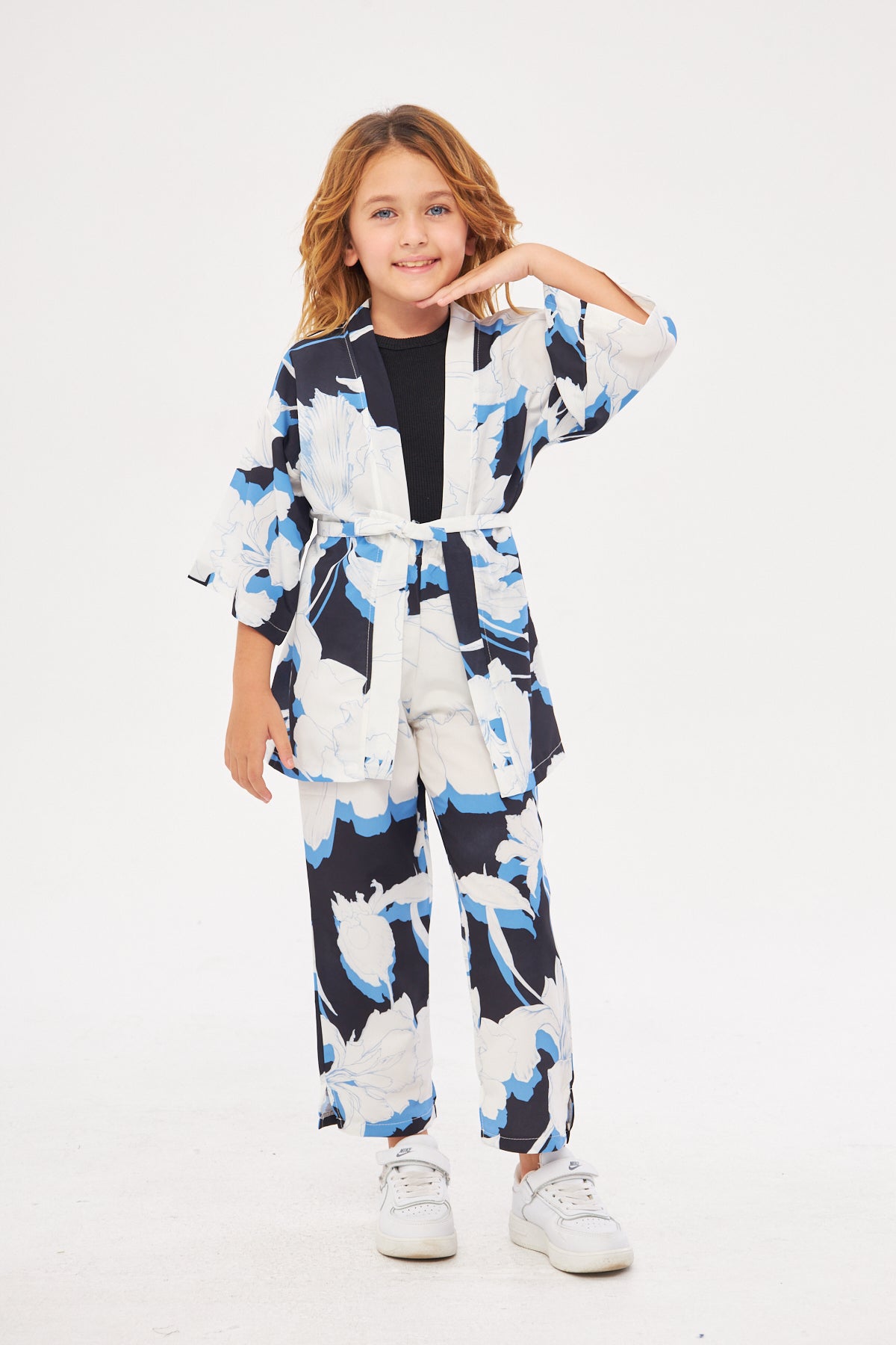 Ava Floral Print Kimono & Pant Girls Set – White & Navy Blue