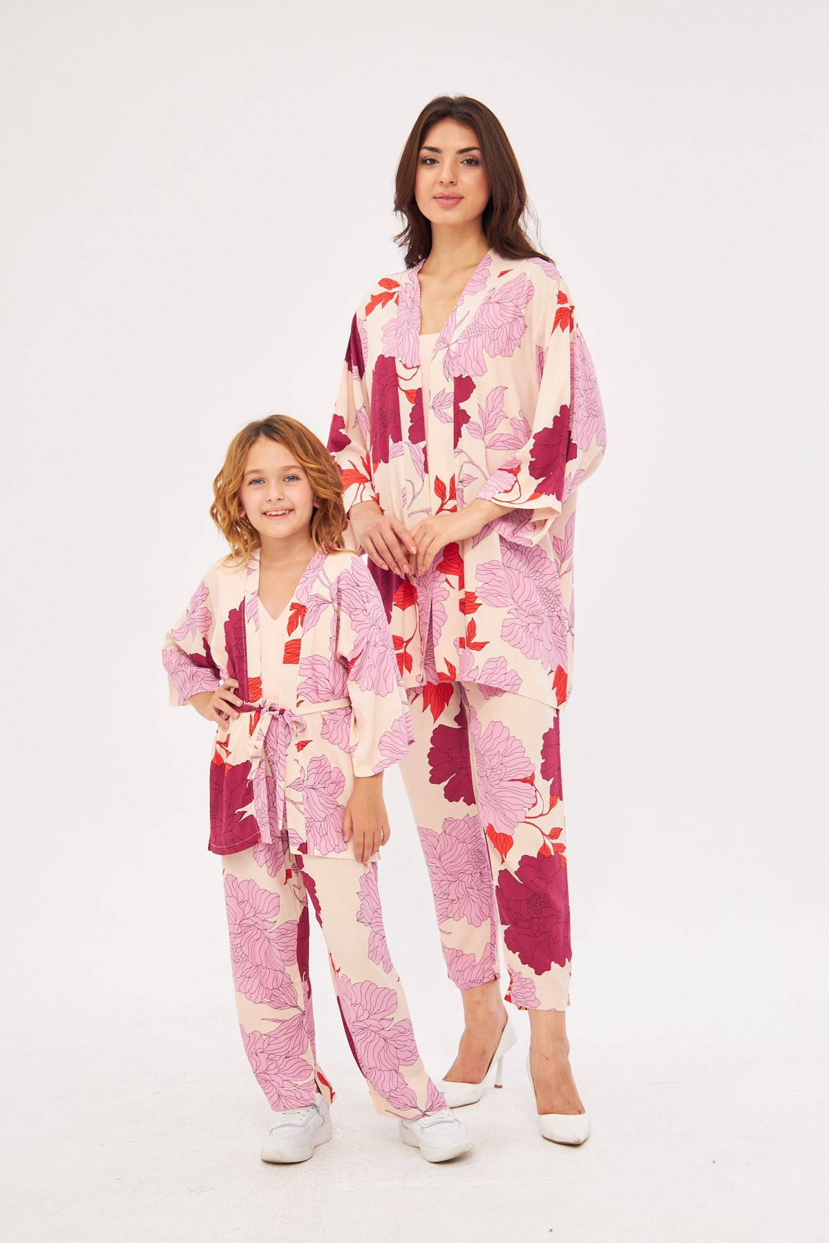 Mommy & Me - Sophia Girls Floral Kimono & Pants Set- Pink & Purple