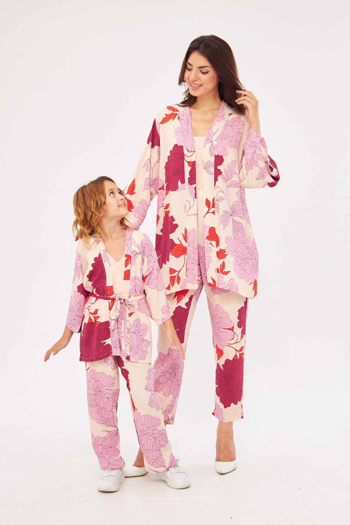 Mommy & Me - Sophia Girls Floral Kimono & Pants Set- Pink & Purple