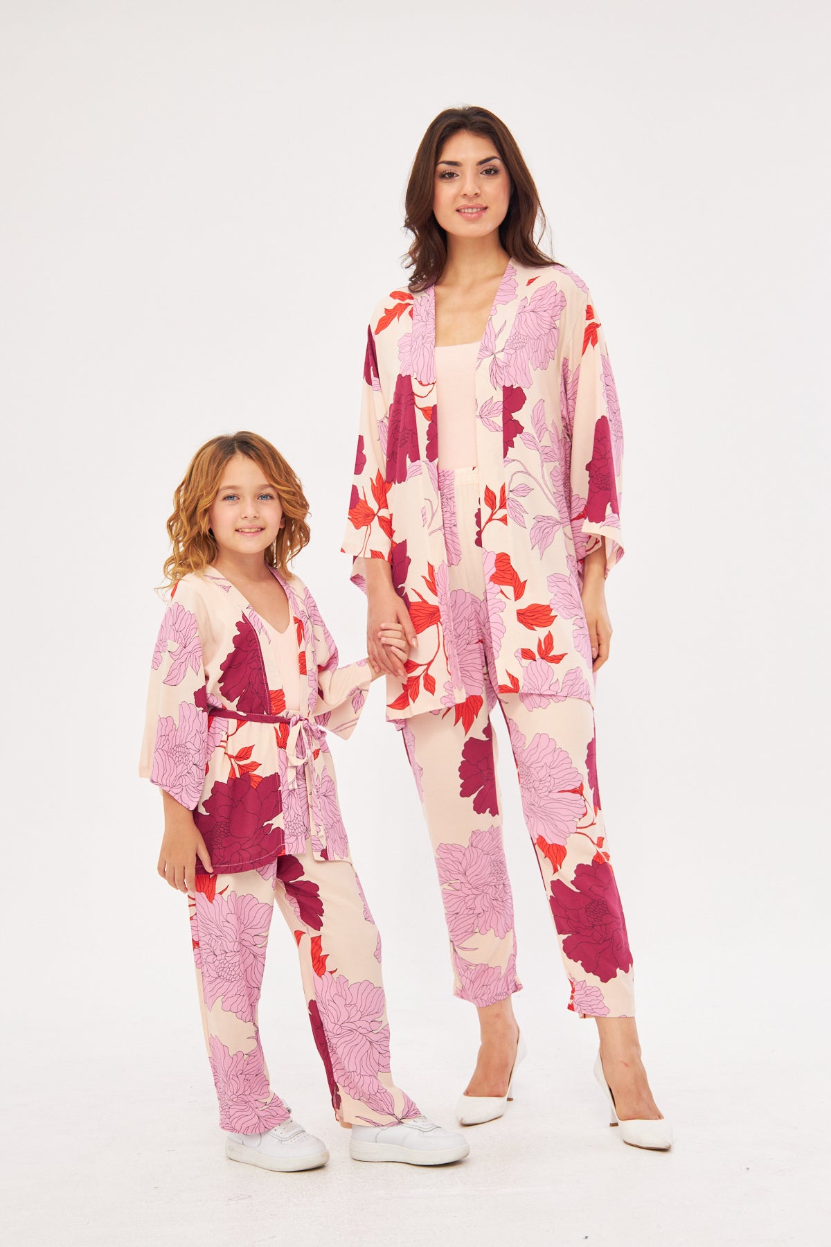 Mommy & Me - Sophia Girls Floral Kimono & Pants Set- Pink & Purple