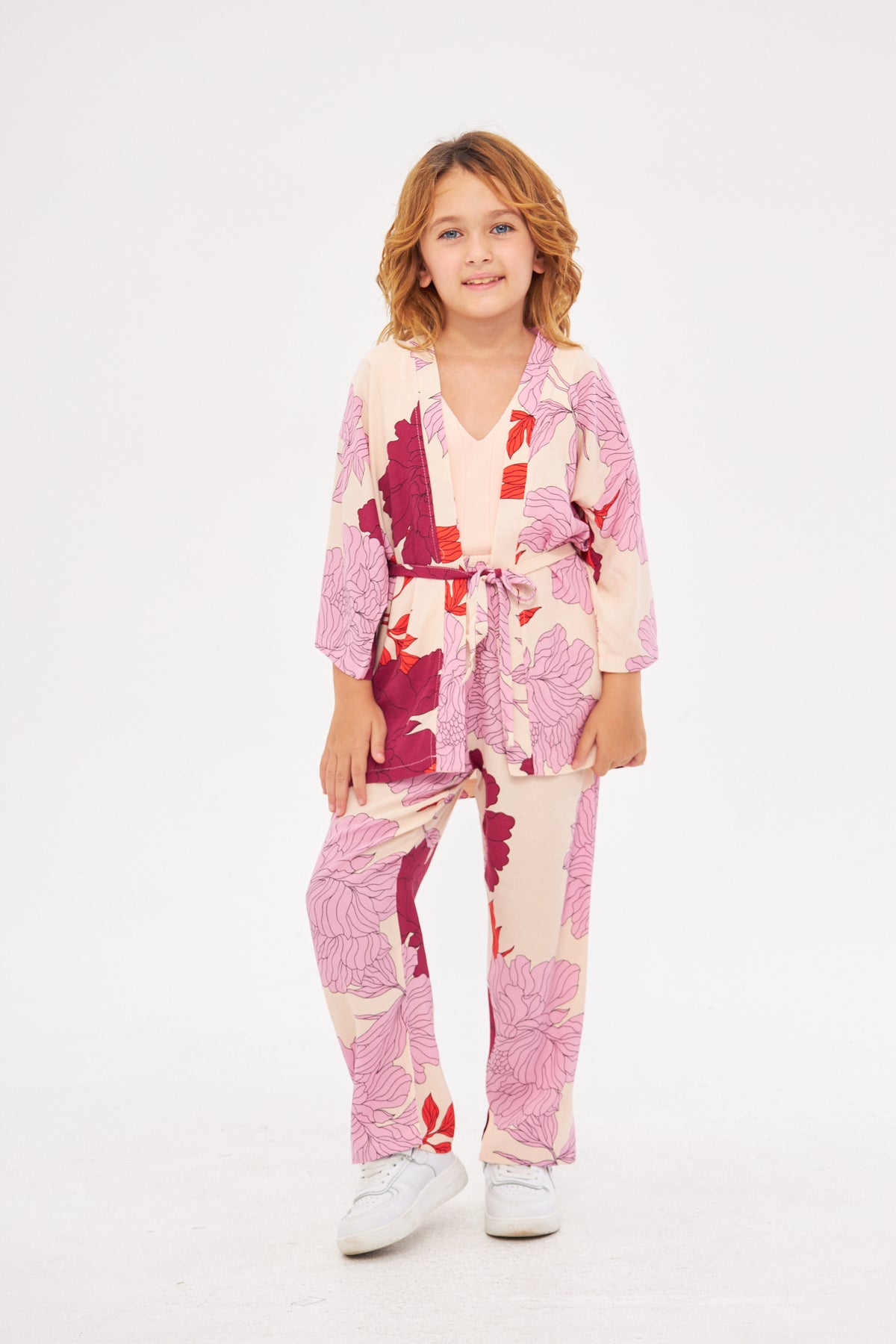 Mommy & Me - Sophia Girls Floral Kimono & Pants Set- Pink & Purple