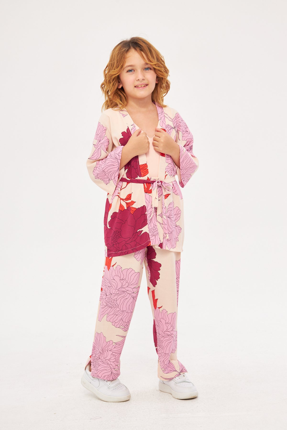 Sophia Girls Floral Kimono & Pants Set- Pink & Purple