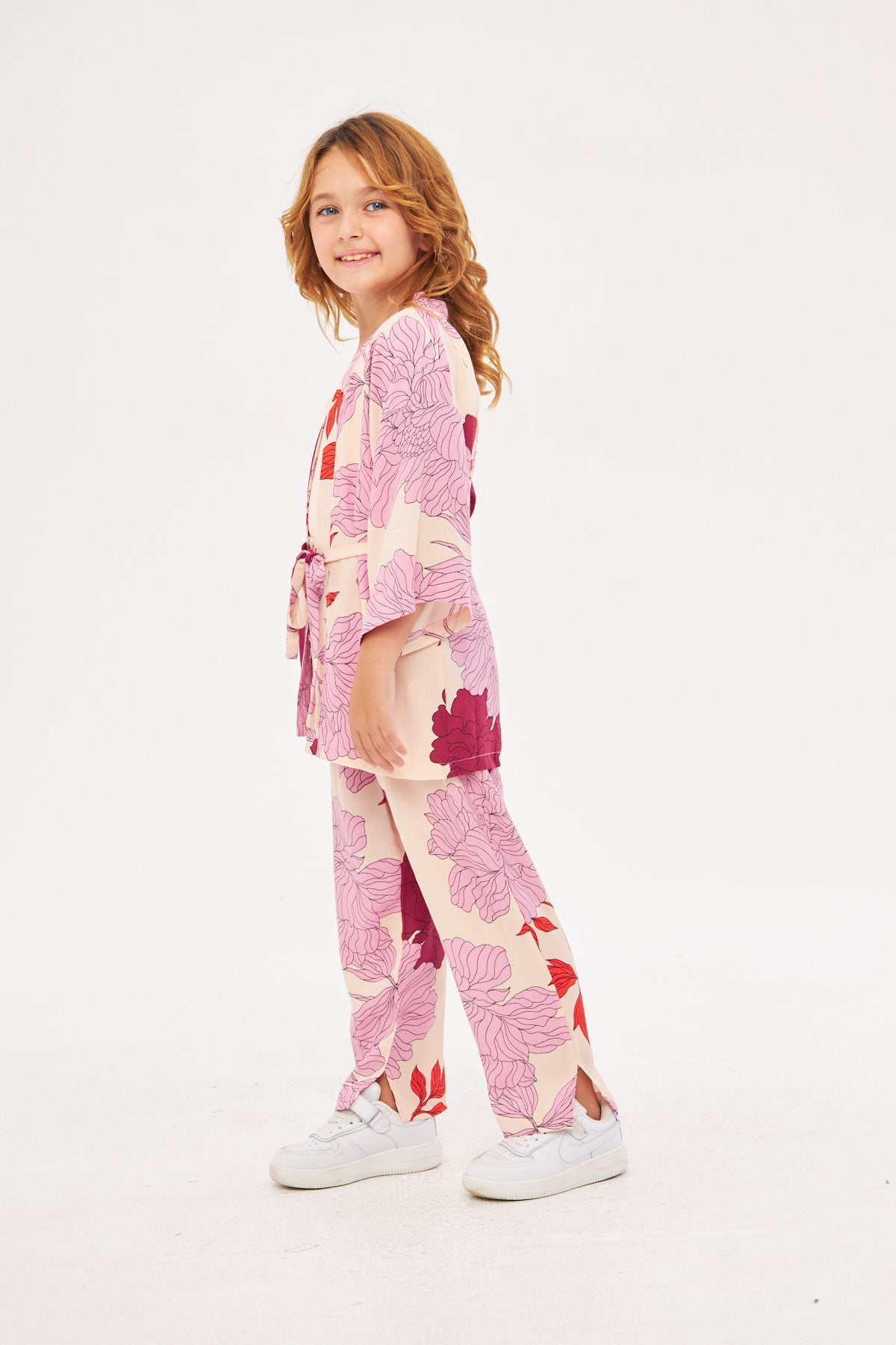 Mommy & Me - Sophia Girls Floral Kimono & Pants Set- Pink & Purple